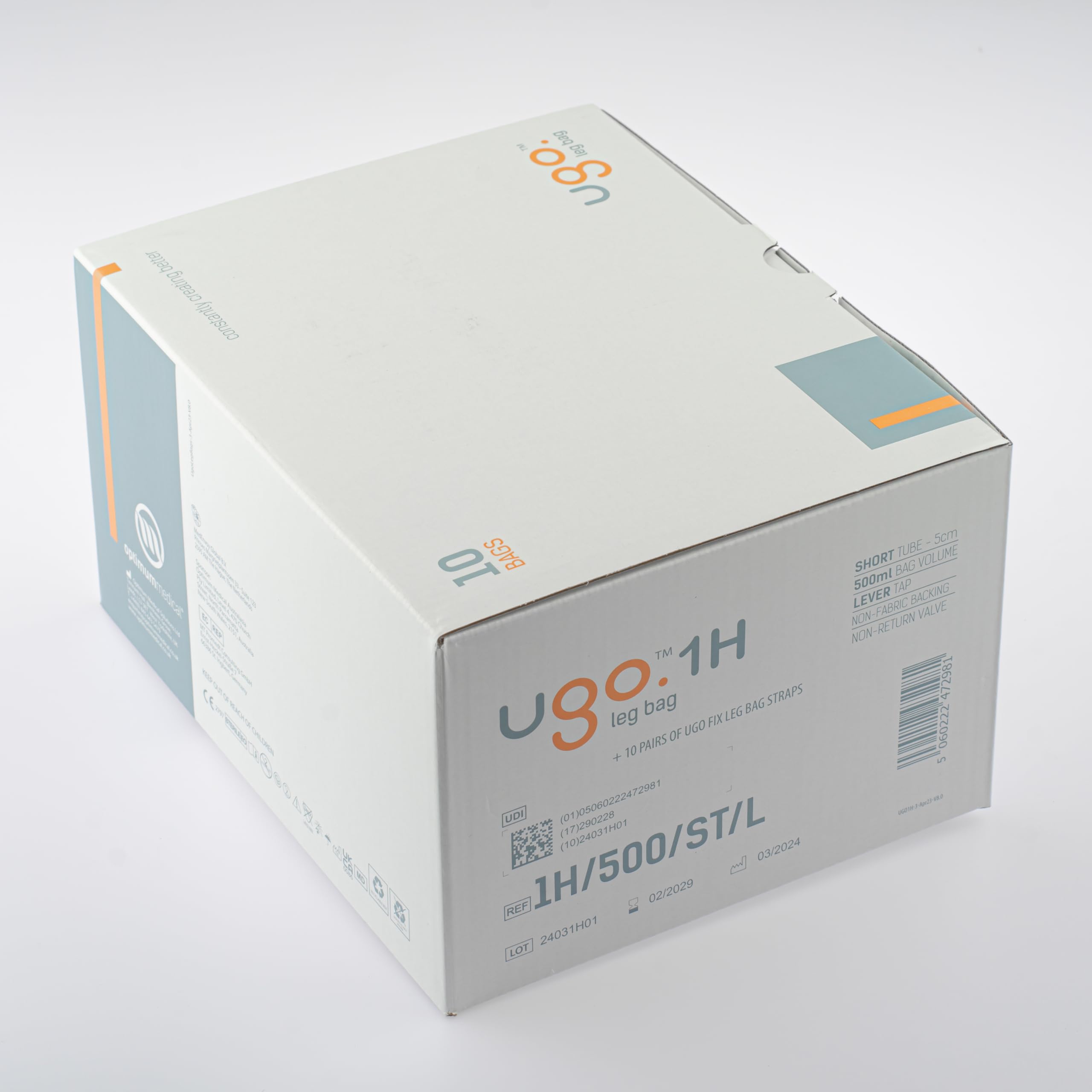 Ugo Leg Bags (Pack of 10) - 500ml Urine Drainage Bags for Catheter with Soft Fabric Backing, T-Tap or Lever Tap, Natural Leg-Shape Design - Ideal for Post-Surgery, Travel & Daily Use (Ugo 1H, Short Tube)