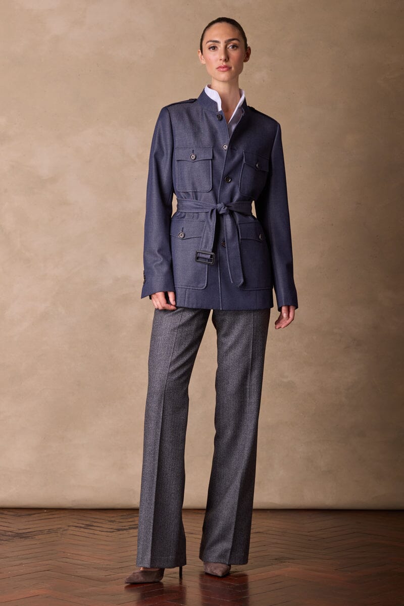 Grace Stand Collar Safari Jacket - Denim Wool Gabardine Coat for Women | Vintage Style Outdoor Adventure & Travel Fashion