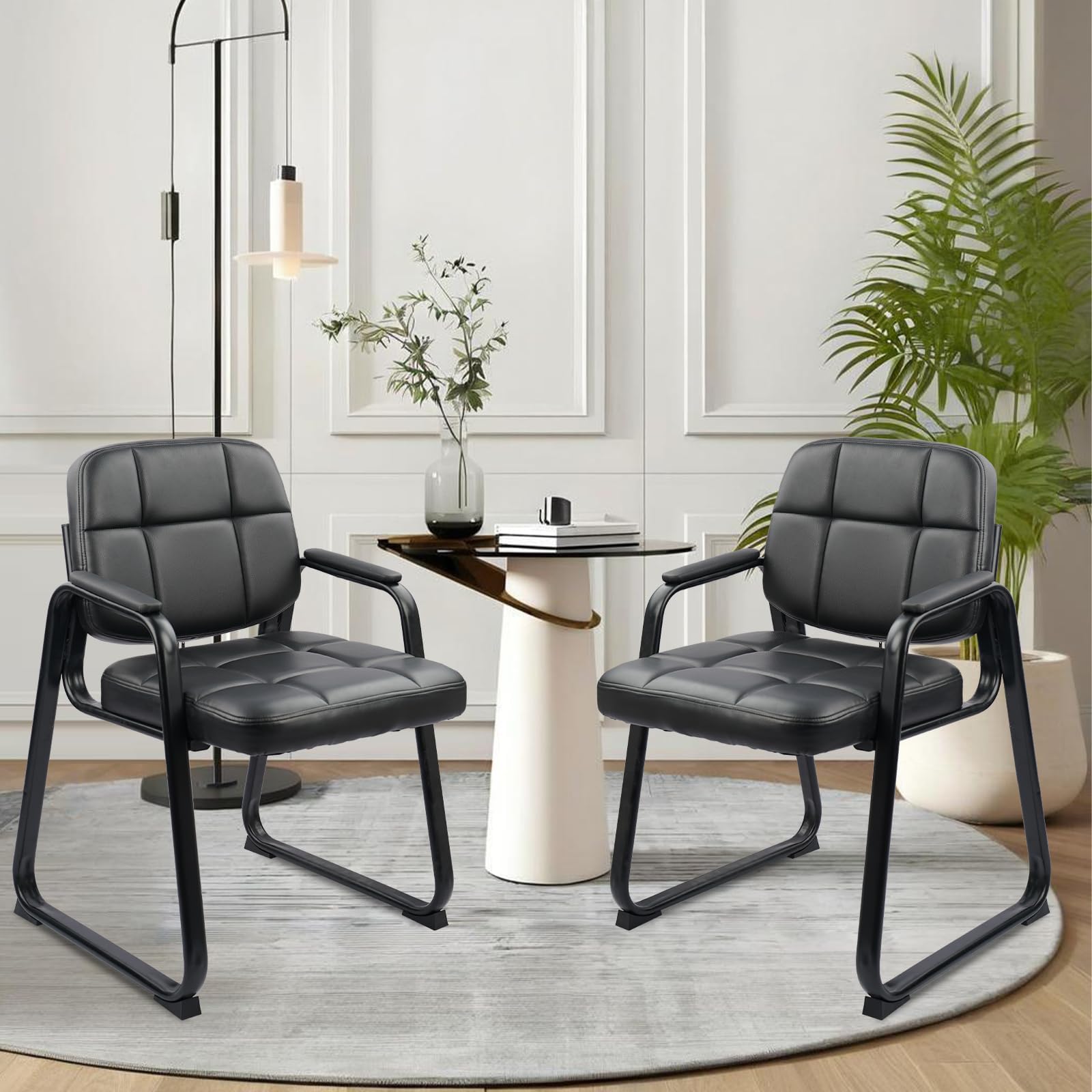 CLATINA 2-Pack Black Leather Waiting Room Chairs - Padded Arm Guest Chairs with Sled Base for Office Reception, Conference Rooms & Lobby Seating | Durable No-Wheels Design for Professional Spaces