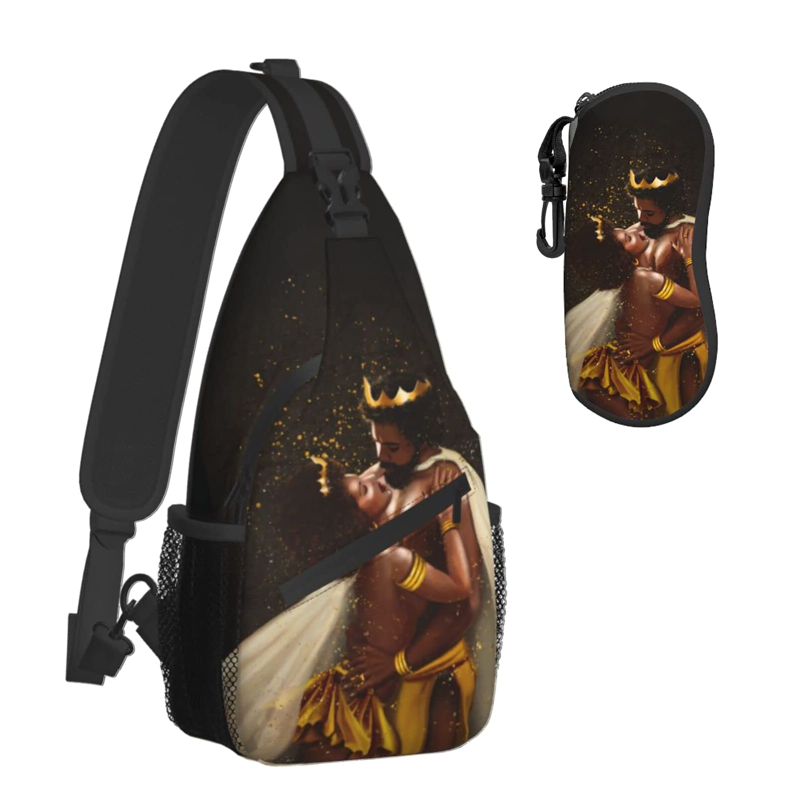 Women's Sling Backpack - Lightweight Travel Hiking Daypack for Women & Men, Shoulder Bag for Sports, Running, Climbing & Casual Use - African Queen & King Black Crown Design (Includes Glasses Case) - Perfect for Outdoor Adventures, Gym Workouts & Daily Commute