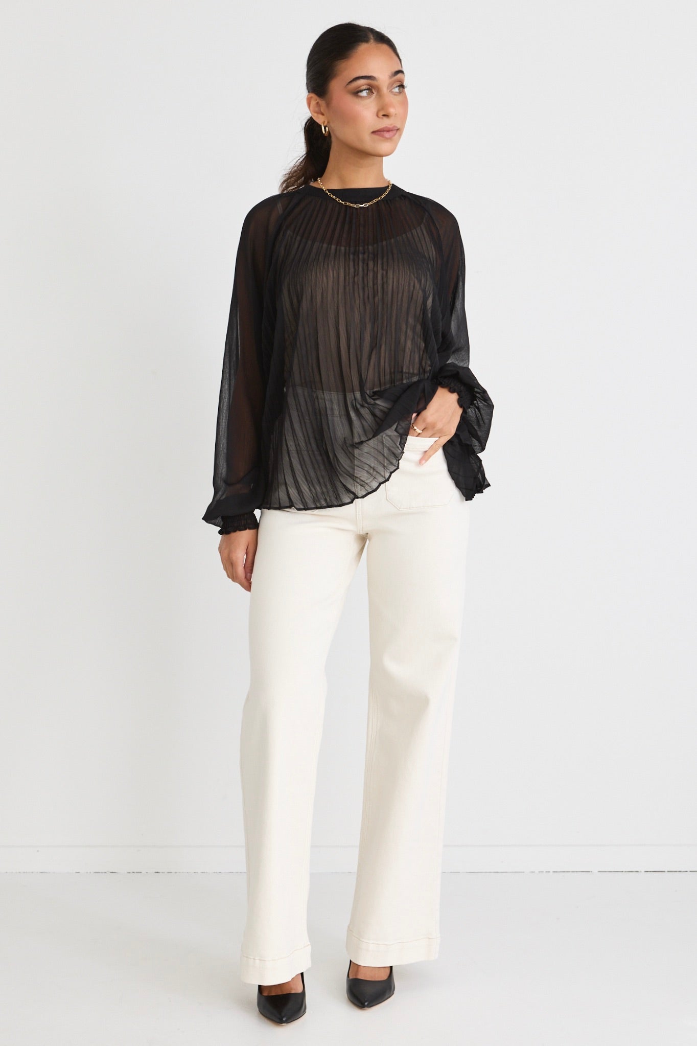 Black Sheer Pleated Swing Top for Women - Flowy Boho Blouse for Casual Wear & Date Night Outfits