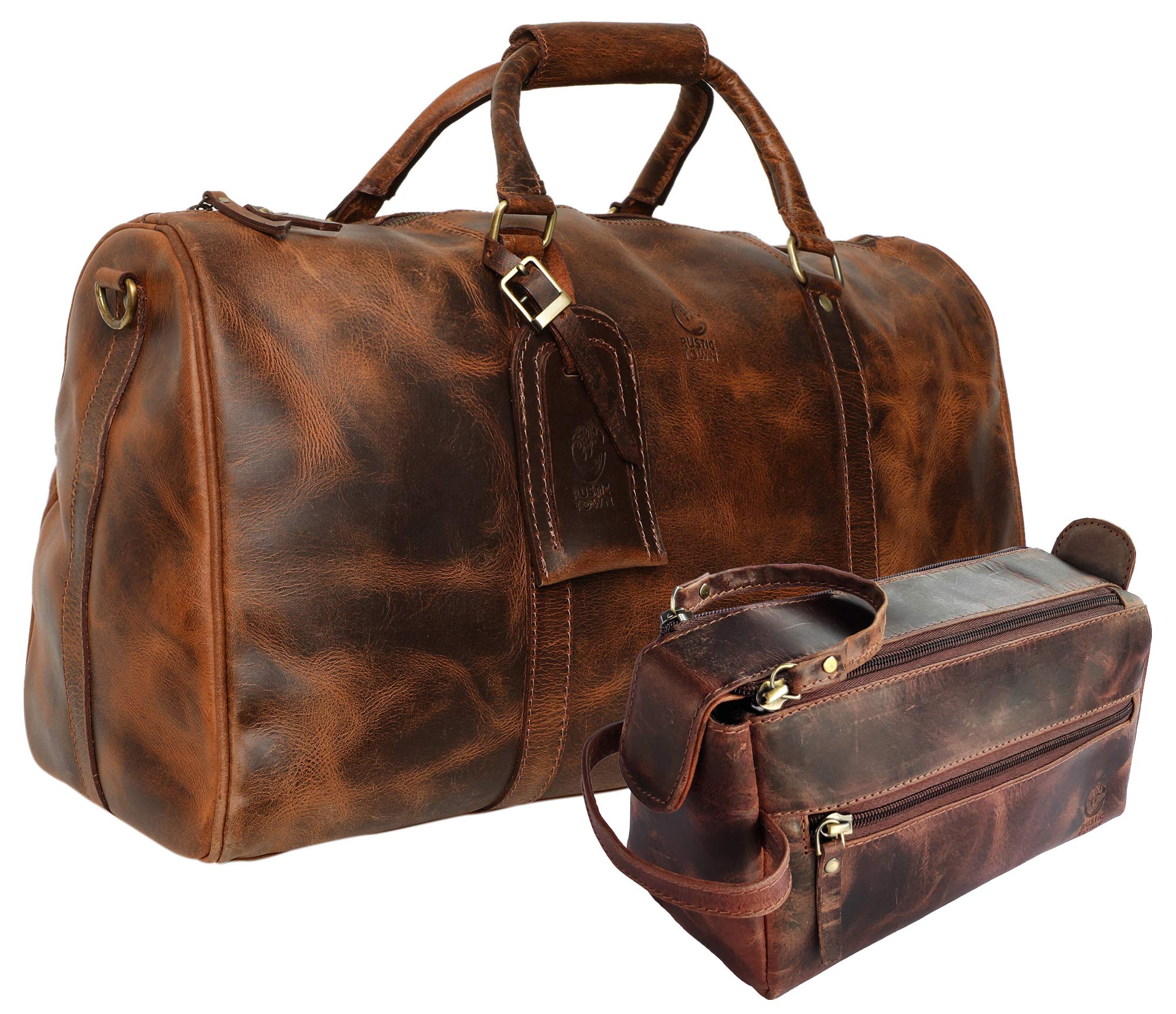 RUSTIC TOWN Genuine Leather Duffel Bag & Toiletry Bag Set - Premium Men's Travel Accessories for Business Trips, Gym & Weekend Getaways