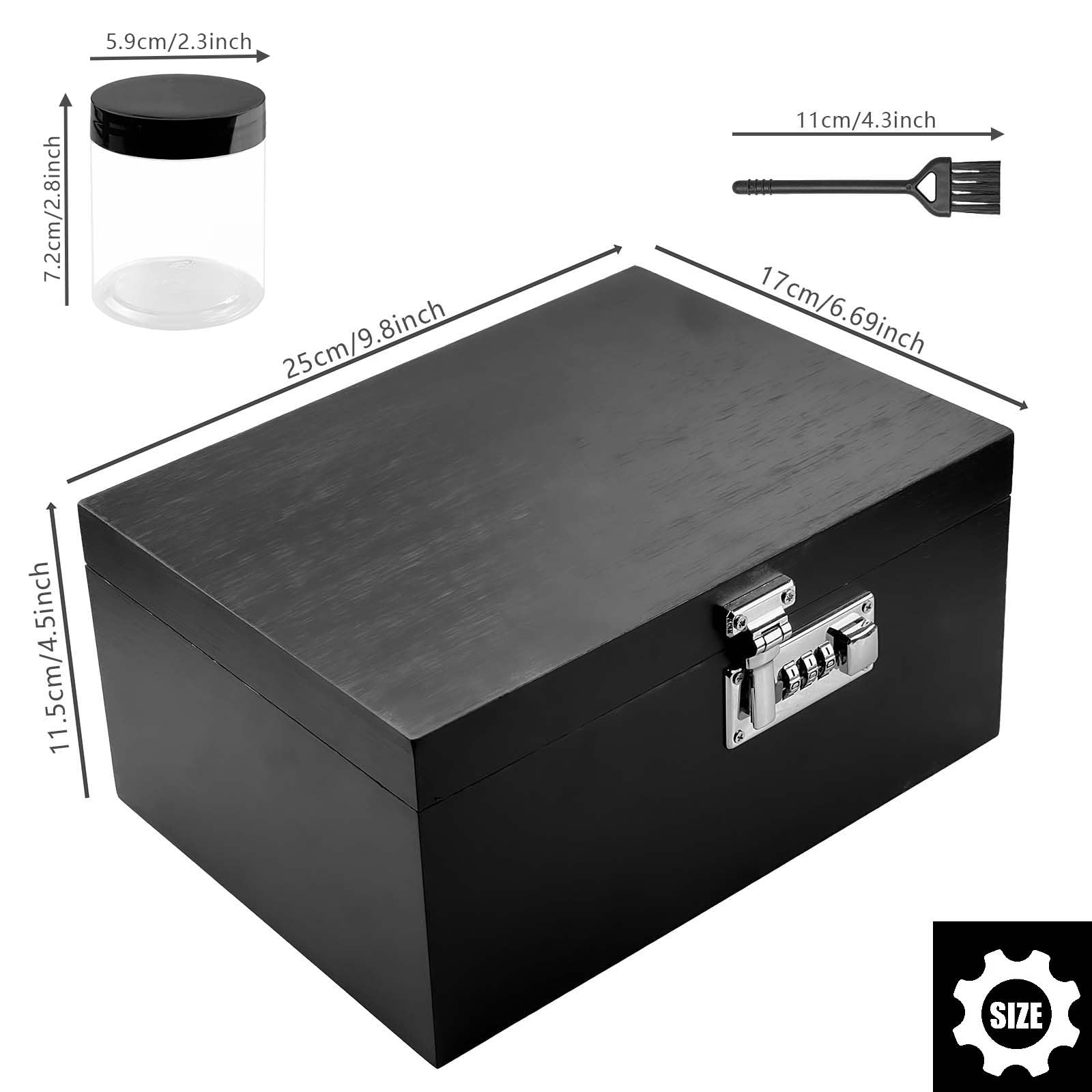 Large Bamboo Storage Stash Box with Lock - Decorative Organizer Set Includes Jars & Brush (Black) | Perfect for Home Organization, Jewelry Storage & Secret Keepsakes