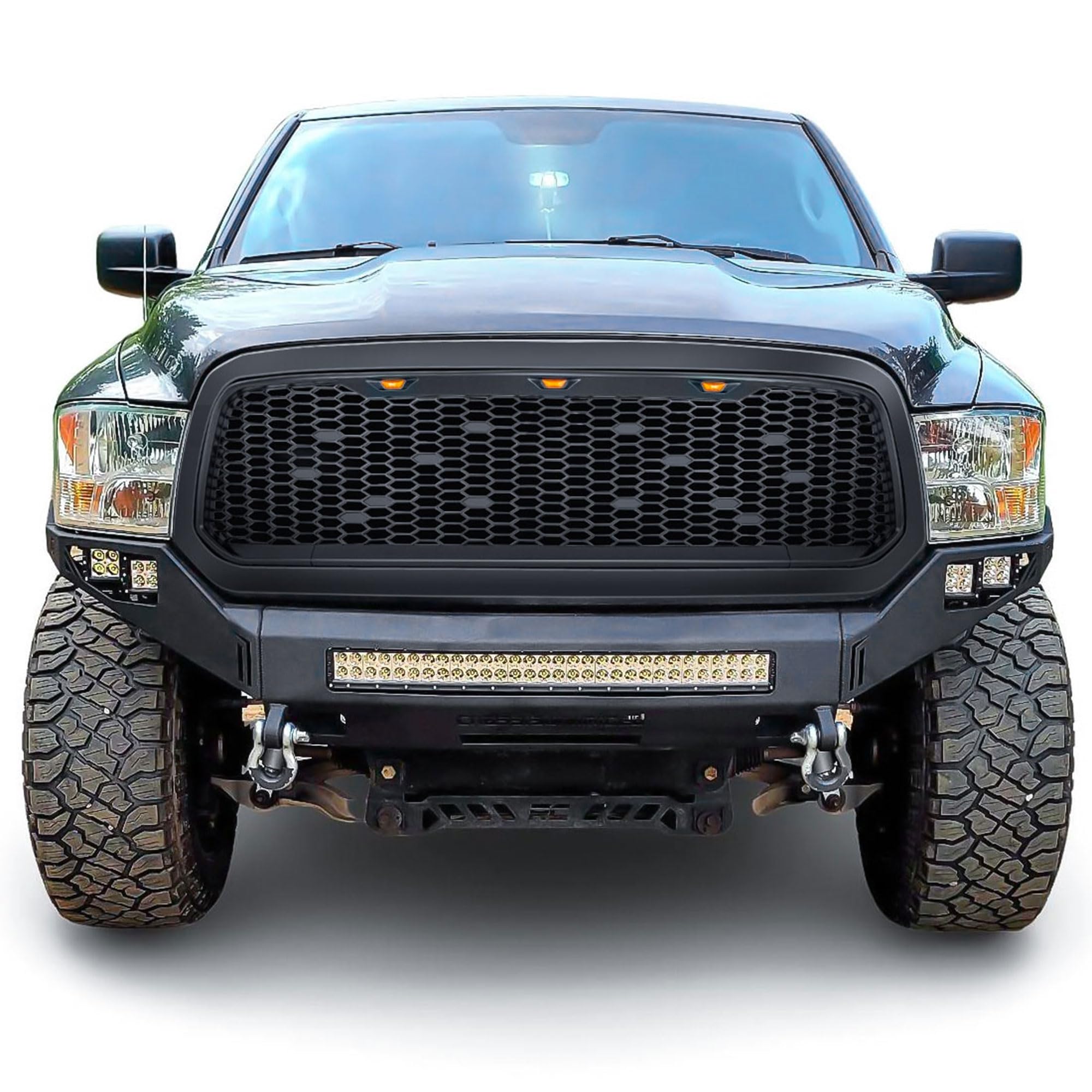 2013-2018 Dodge Ram 1500 Replacement Front Grille with Amber Lights - Matte Black Mesh Grill for Off-Road & Truck Customization | Enhanced Style & Durability for Pickup Trucks