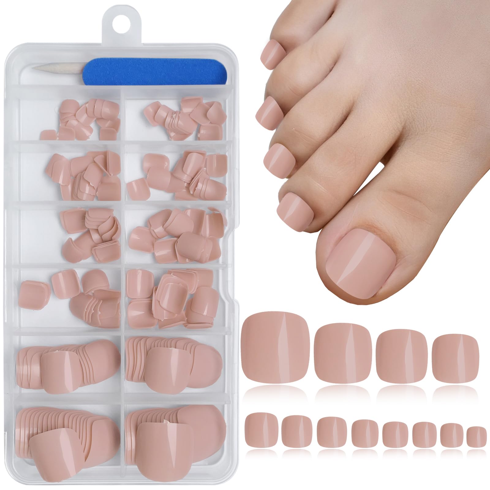 240PCS Short Square Press On Toenails - Glossy Acrylic Fake Nails for Women | Natural Nude Color | Easy Application & Long Lasting | Perfect for Pedicures, Vacations & Summer Sandal Season