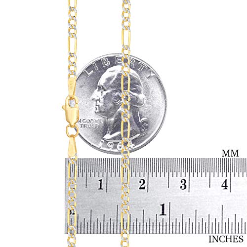 10k Real Yellow Gold Figaro Link Chain Bracelet or Anklet - 2.5mm Diamond Cut Pave Design - Two Tone Italian Jewelry for Men & Women (7