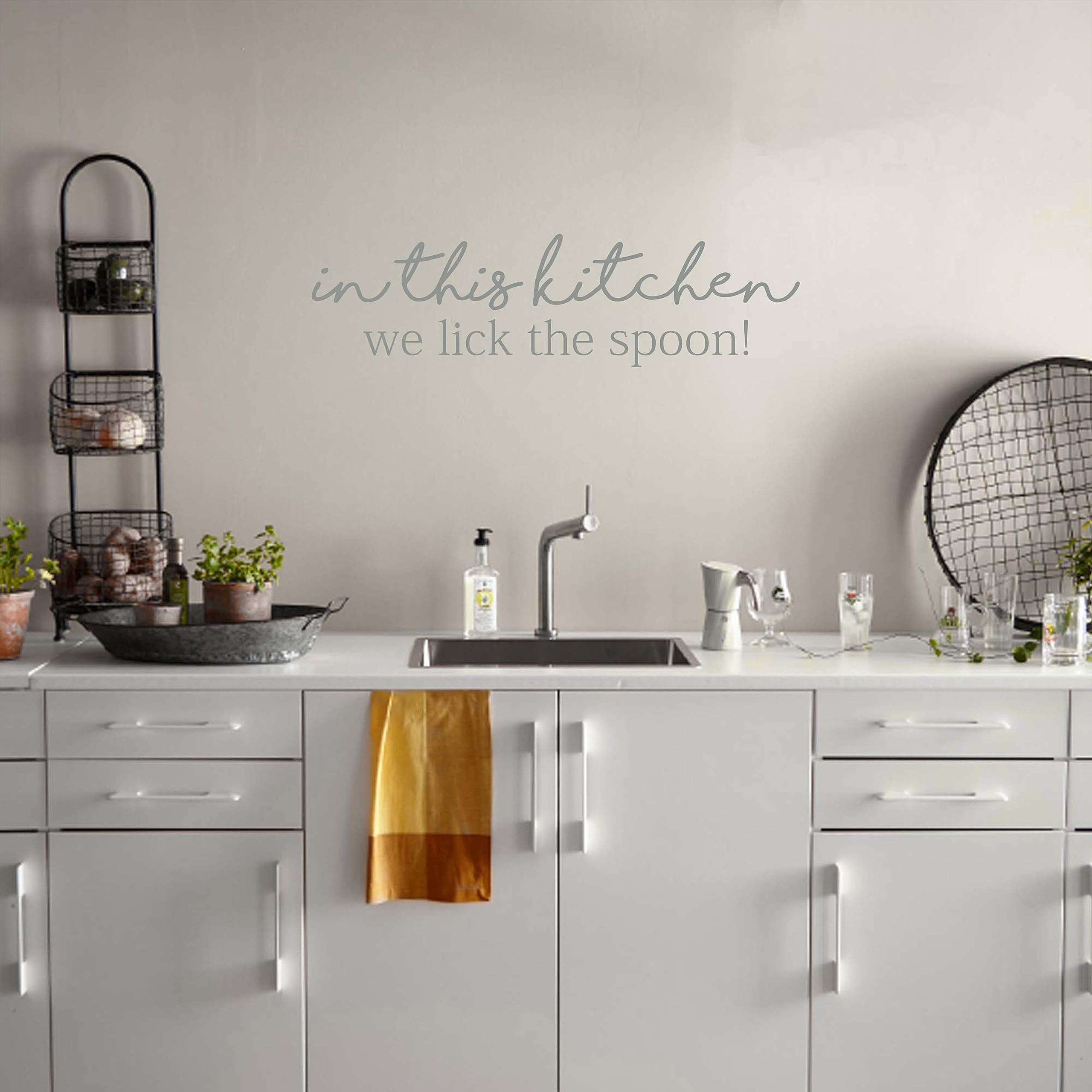 Kitchen Wall Decal Sticker - 'In This Kitchen We Lick The Spoon' Quote Vinyl Art | Removable Light Grey Kitchen Decor for Doors & Walls | Perfect for Farmhouse, Modern & Cottage Style Kitchens
