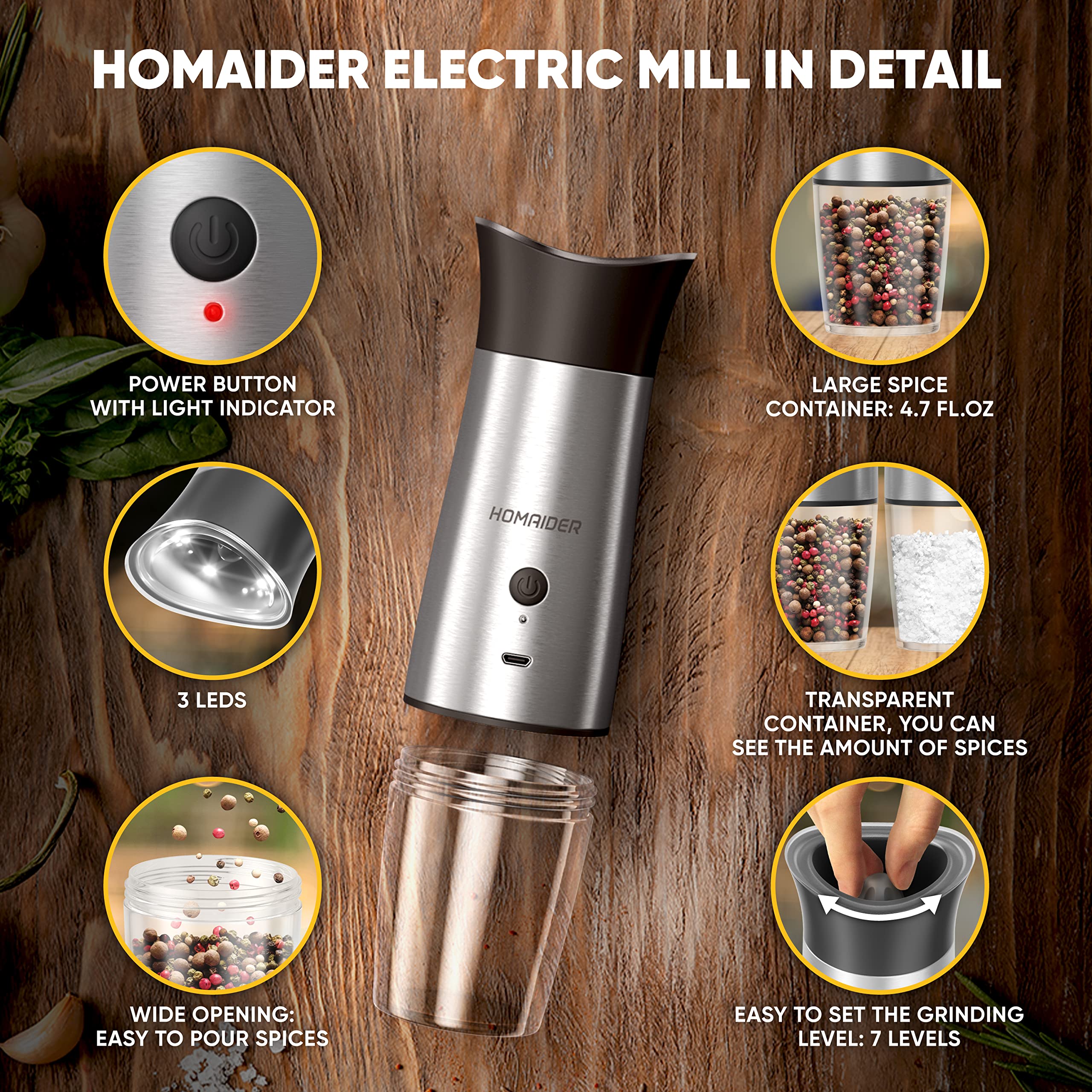 Premium Electric Salt and Pepper Grinder Set - Rechargeable Automatic Spice Mill with Adjustable Coarseness - Includes Wooden Stand, Cleaning Brush, LED Lights & Dual Charging Cables - Perfect for Kitchen, Dining Table & Outdoor Cooking (Set of 2)