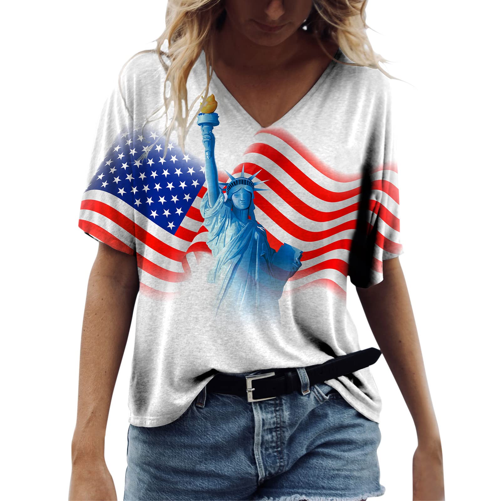 Women's Casual Summer V-Neck Short Sleeve Printed Tunic Blouse - Loose Fit Tops for Beach, Vacation & Everyday Wear (White, XL)