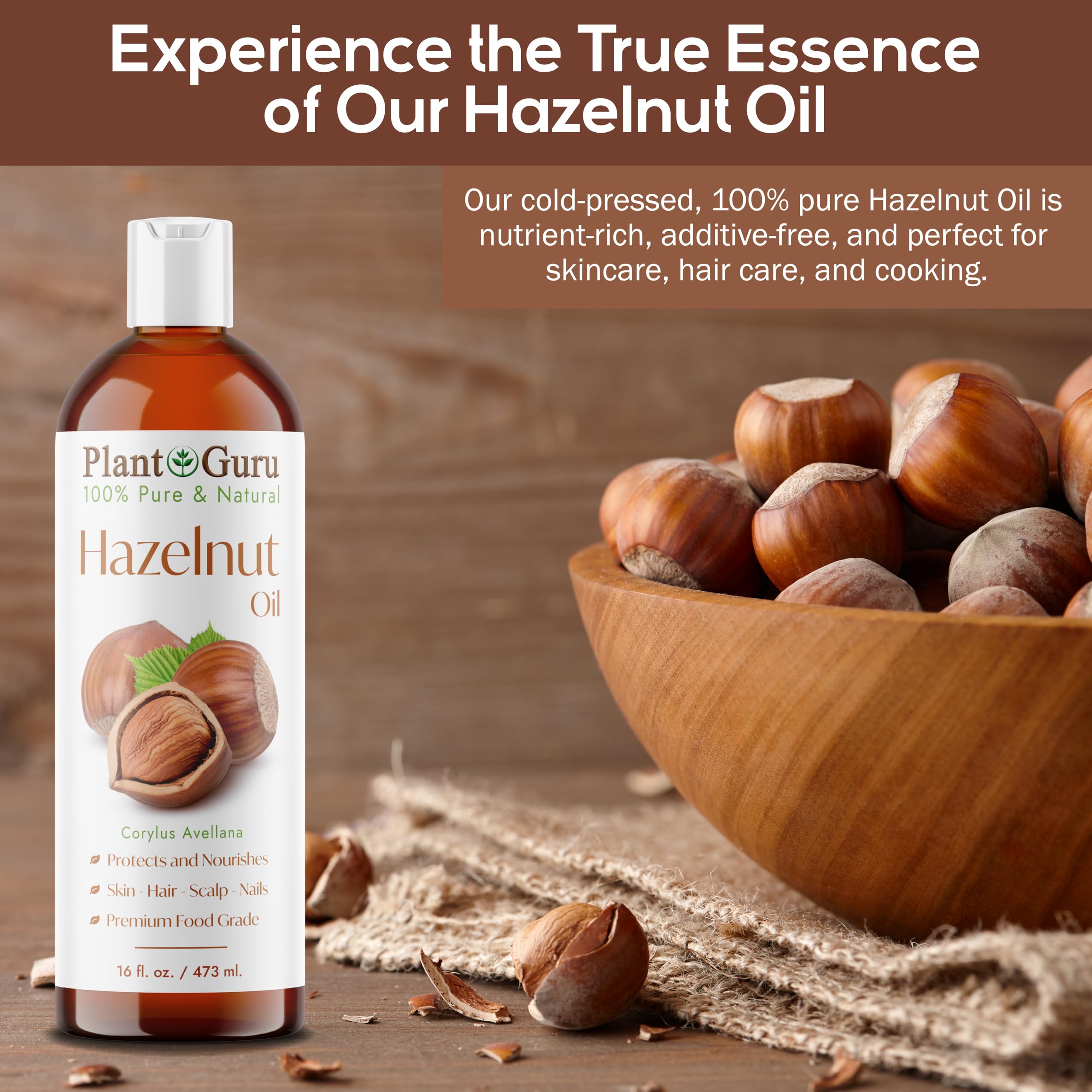 100% Pure Cold Pressed Hazelnut Oil - 4 fl oz Natural Carrier Oil for Skin, Face, Body & Hair Growth | DIY Moisturizer for Creams, Lotions & Lip Balms | Perfect for Aromatherapy, Massage & Natural Beauty Routines