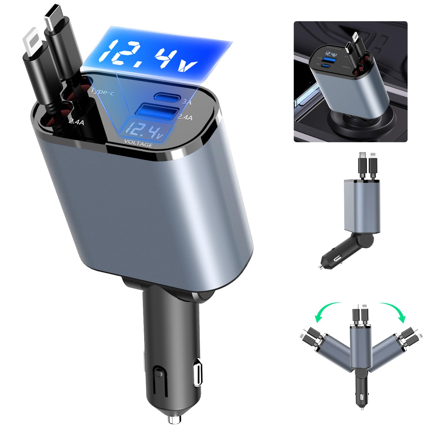 Paiholy 100W 4-in-1 Retractable Car Charger with Dual USB-C & USB-A Ports, Voltage Display & Built-in Cables - Fast Charging Compatible with iPhone 16/15/14/13/12, Samsung Galaxy S24/S23, Google Pixel - Perfect for Road Trips, Commuting & Multi-Device Charging On-The-Go