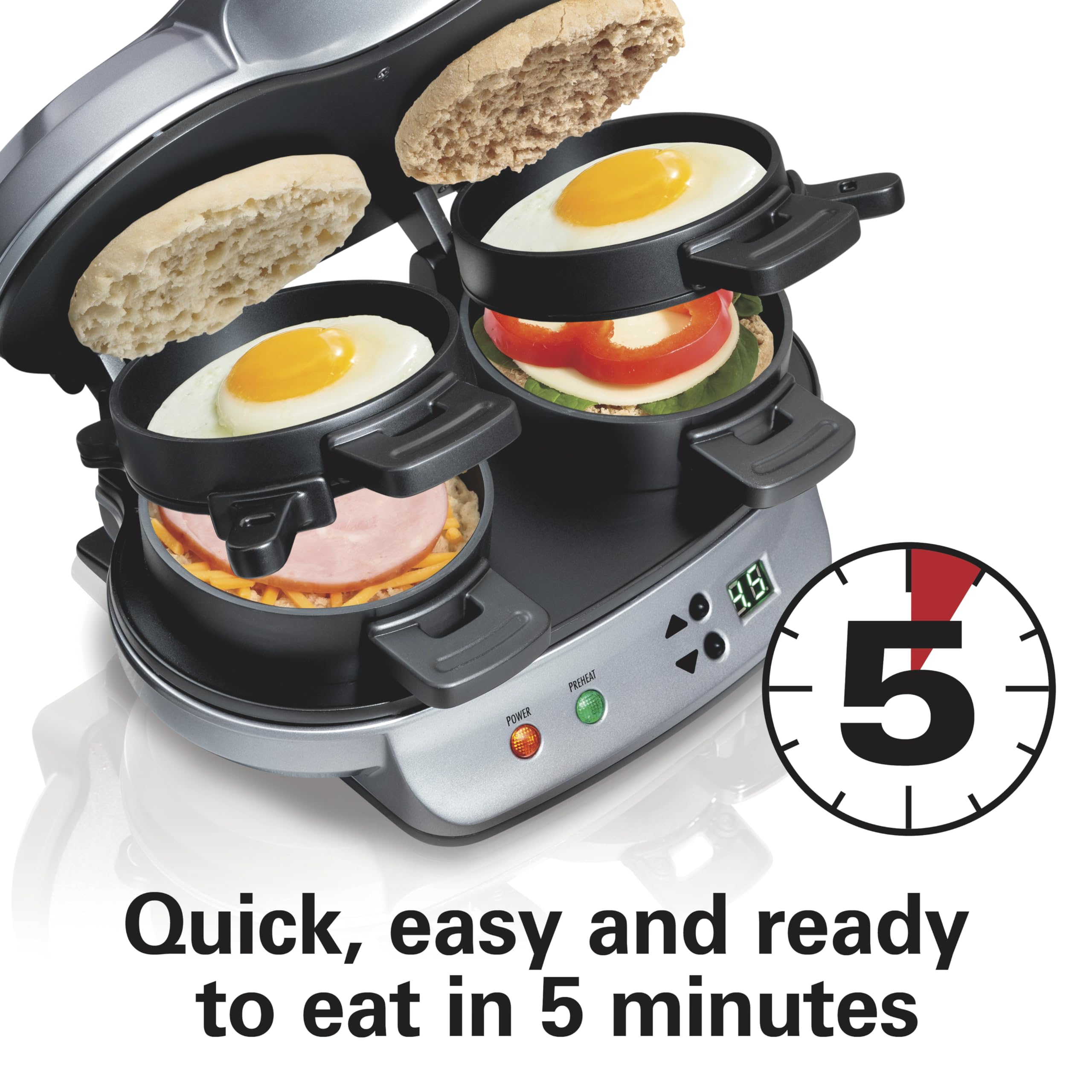 Hamilton Beach 25490A Dual Breakfast Sandwich Maker with Timer - Silver | Quick & Easy Breakfast Solution for Home, Office, or Dorm | Perfect for Eggs, Cheese & Bacon Sandwiches
