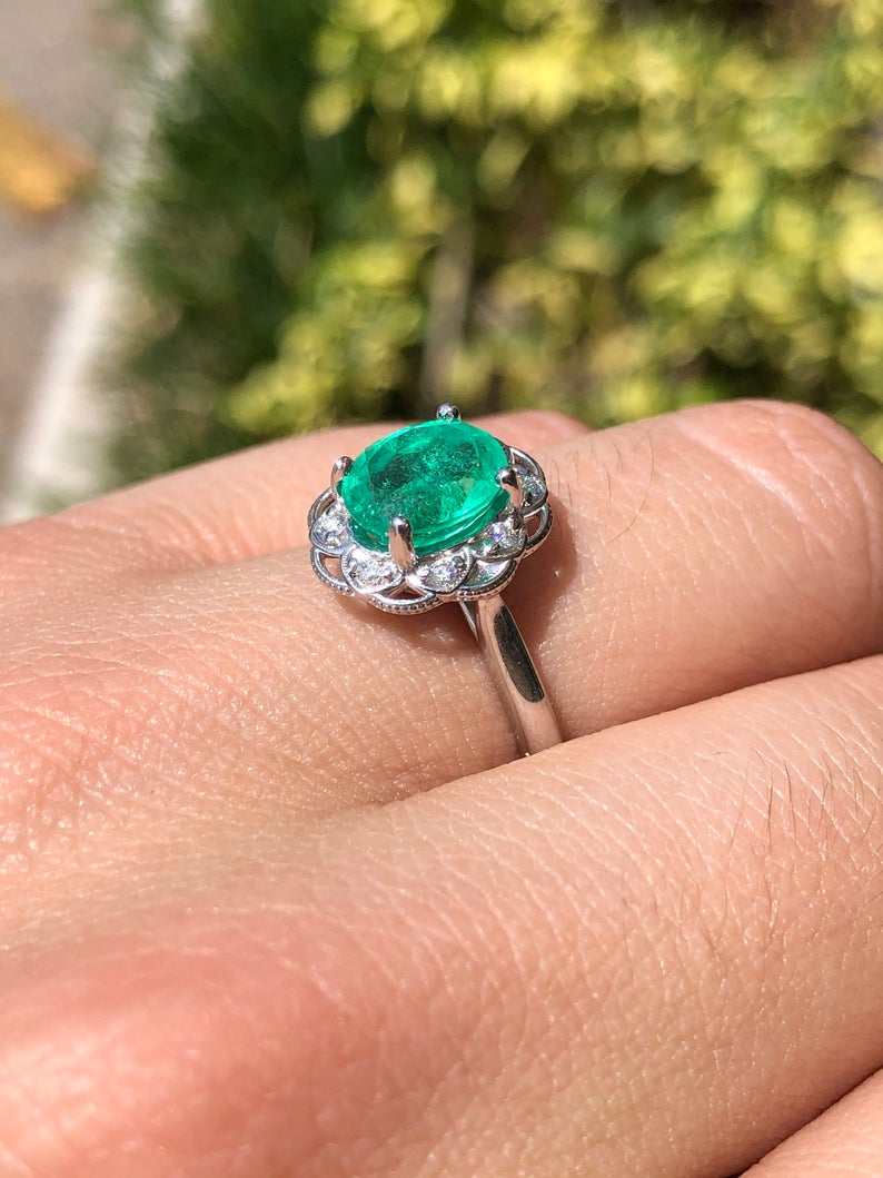 2.35tcw Natural Emerald Oval & Floral Diamond Halo Engagement Ring in 14K Gold - Perfect for Proposals, Weddings, and Anniversary Gifts