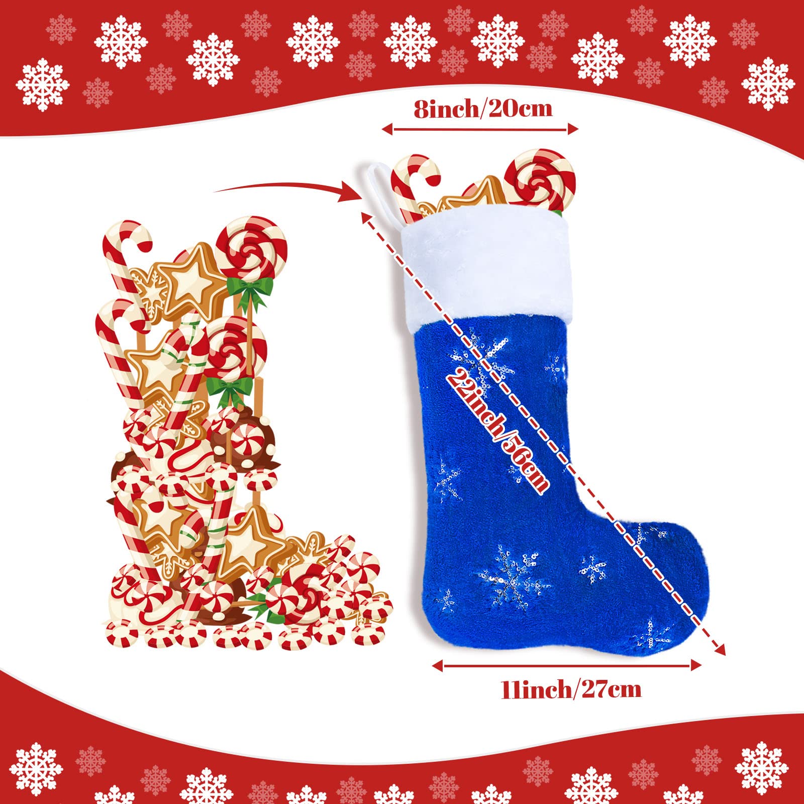 22 Inch Blue Faux Fur Christmas Stockings Set of 4 - Large Plush Holiday Stockings with Silver Sequin Snowflake Design for Fireplace, Xmas Tree, Mantel & Home Decor (56cm) - Perfect for Family Gift Exchange & Festive Holiday Decorations