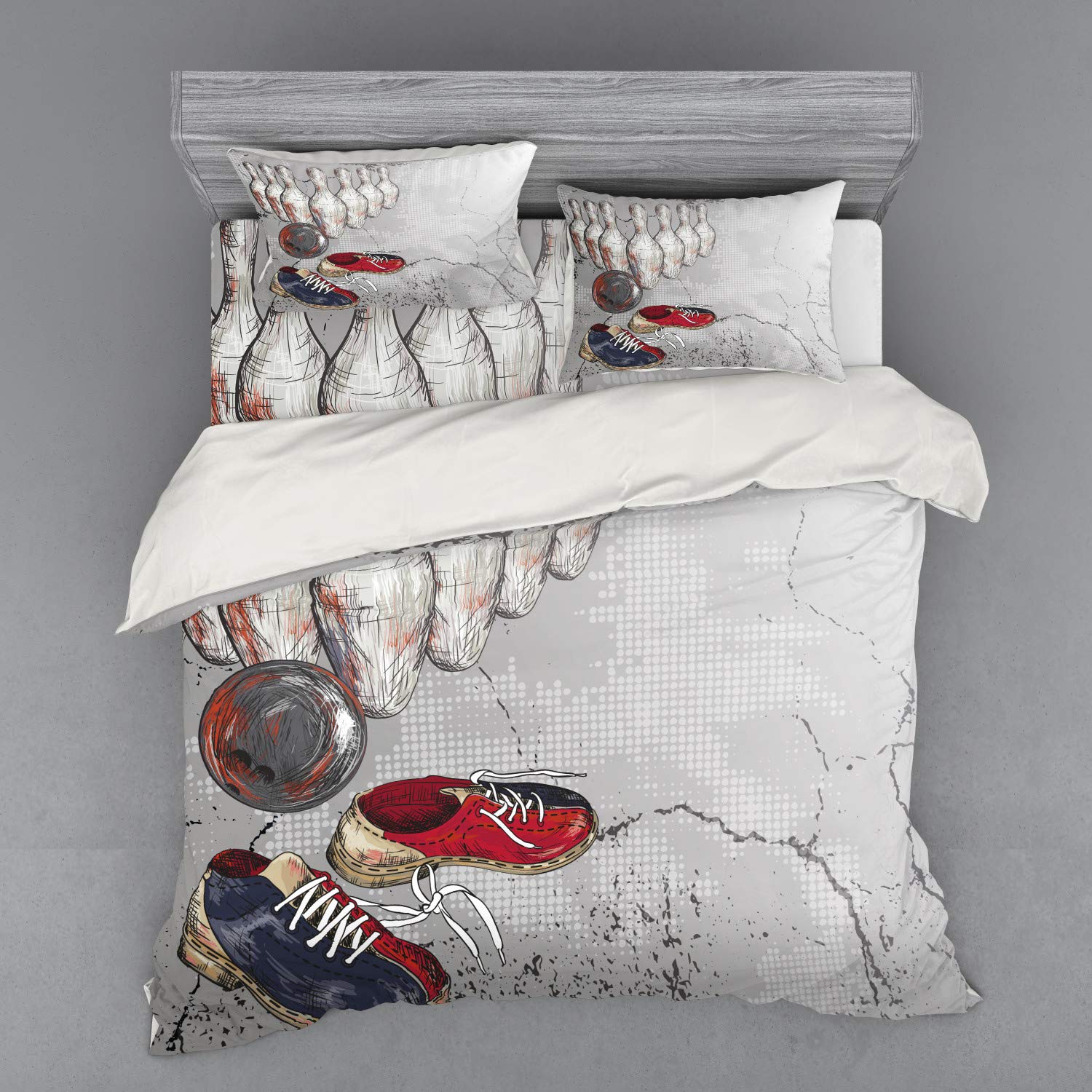 Ambesonne Bowling Party 4-Piece Duvet Cover Set - King Size Grunge Style Bowling Shoes, Pins & Ball Print in Pale Grey & Dark Blue - Perfect for Bowling Themed Bedroom Decor & Sports Enthusiast Gifts