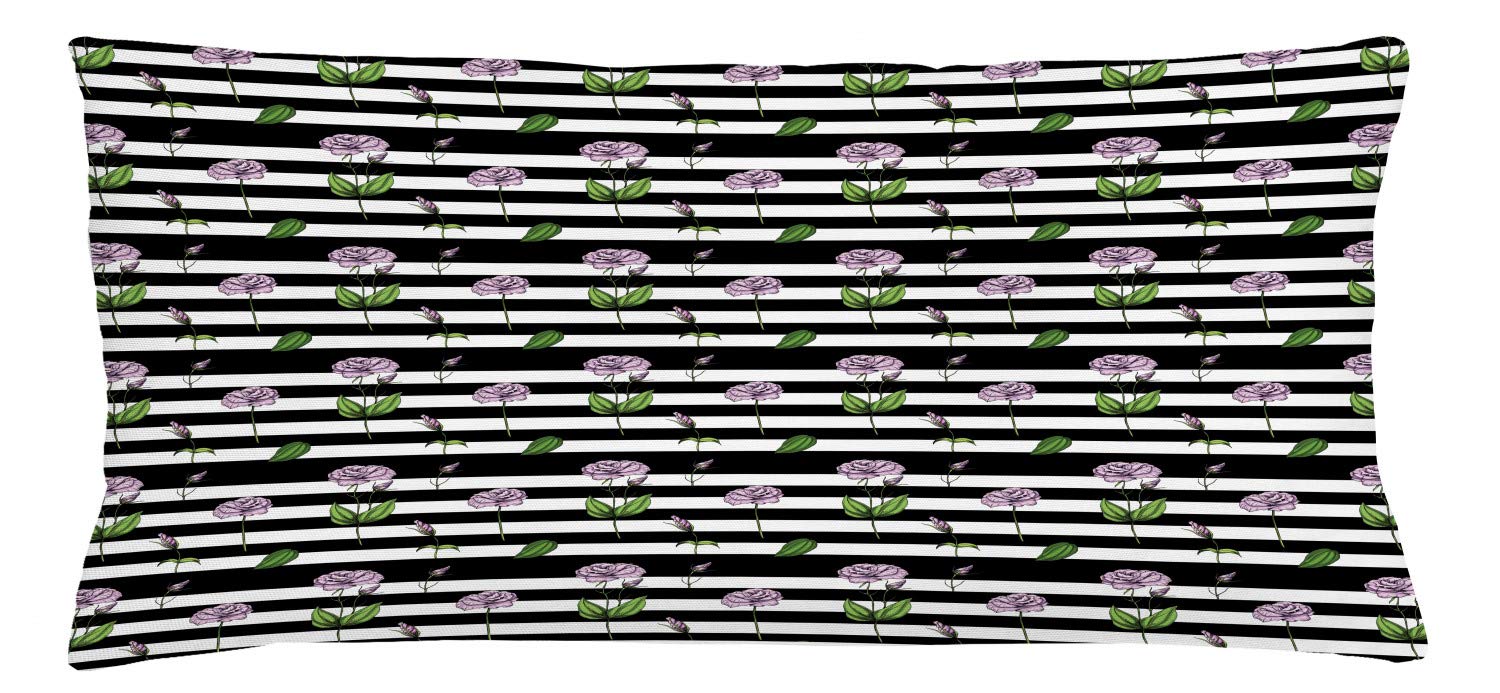 Ambesonne Rose Throw Pillow Cover - Pink Floral Print on Black & White Striped Background - 36