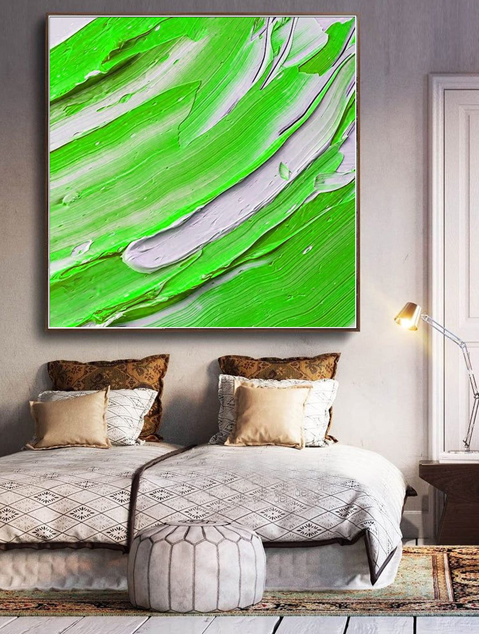 Large Abstract Green Oil Painting on Canvas - 32x32 Inch Wall Art for Home, Bedroom & Office Decor | Handmade Original Artwork for Modern Living Spaces