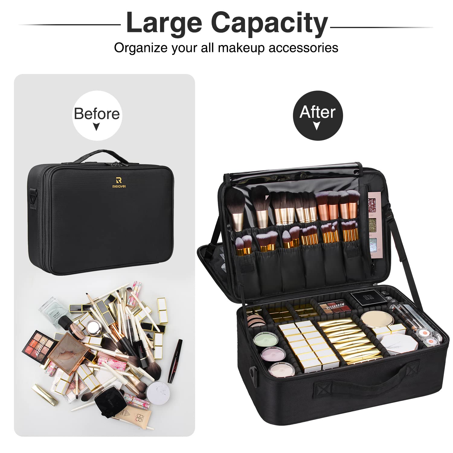 MONSTINA 16.5'' Large Capacity 3-Layer Makeup Train Case - Professional Cosmetic Organizer & Brush Holder for Makeup Artists, Barbers & Travel | Perfect for Hair Tools (Curler, Straightener), Brushes & Cosmetics Storage | Ideal for Salon, Home Use & On-the-Go Beauty Professionals