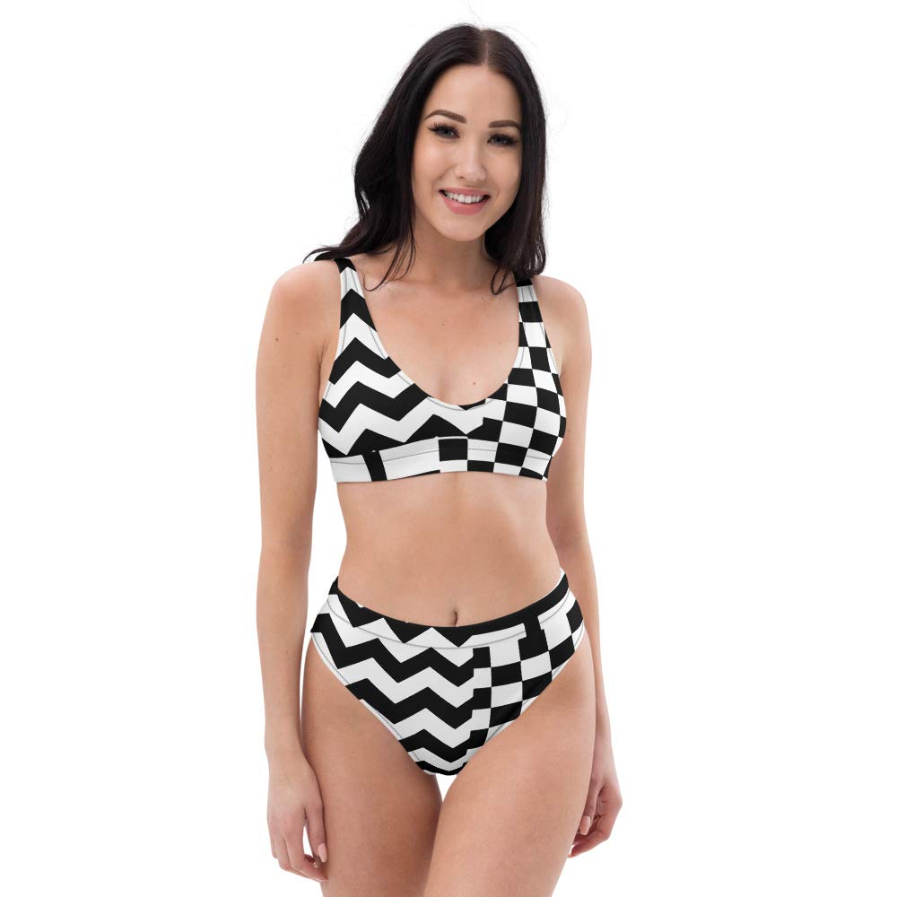 Eco-Friendly High Waisted Bikini Set for Women - Geometric Zig Zag Stripe Swimwear | White & Black Grid Print Bathing Suit | Perfect for Beach Vacations, Pool Parties & Summer Getaways