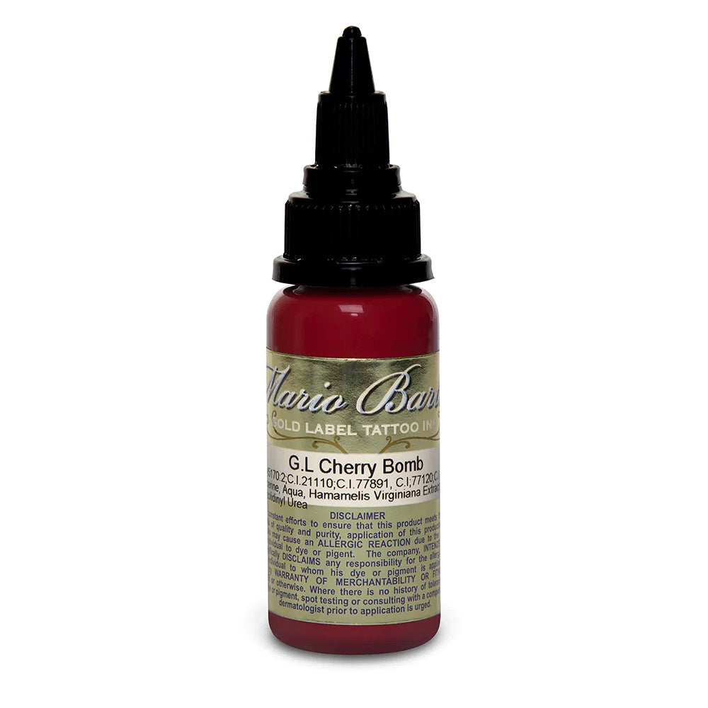 Cherry Bomb Mario Barth Gold Label Tattoo Ink — Professional 1oz Bottle for Tattoo Artists — Perfect for Bold Lines, Color Filling, and Permanent Makeup