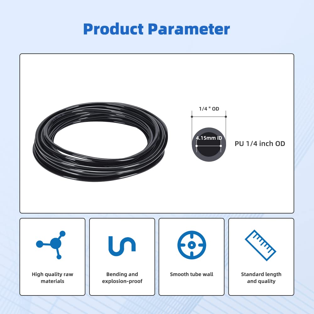 CNAODUN 1/4 inch OD 1/6 inch ID 39.4ft/12M Black PU Pneumatic Air Hose Tubing Kit - High Pressure Flexible Air Line Tube for Compressor, Airbrush, Fluid Transfer (Ideal for DIY Projects, Aquariums & Industrial Use)