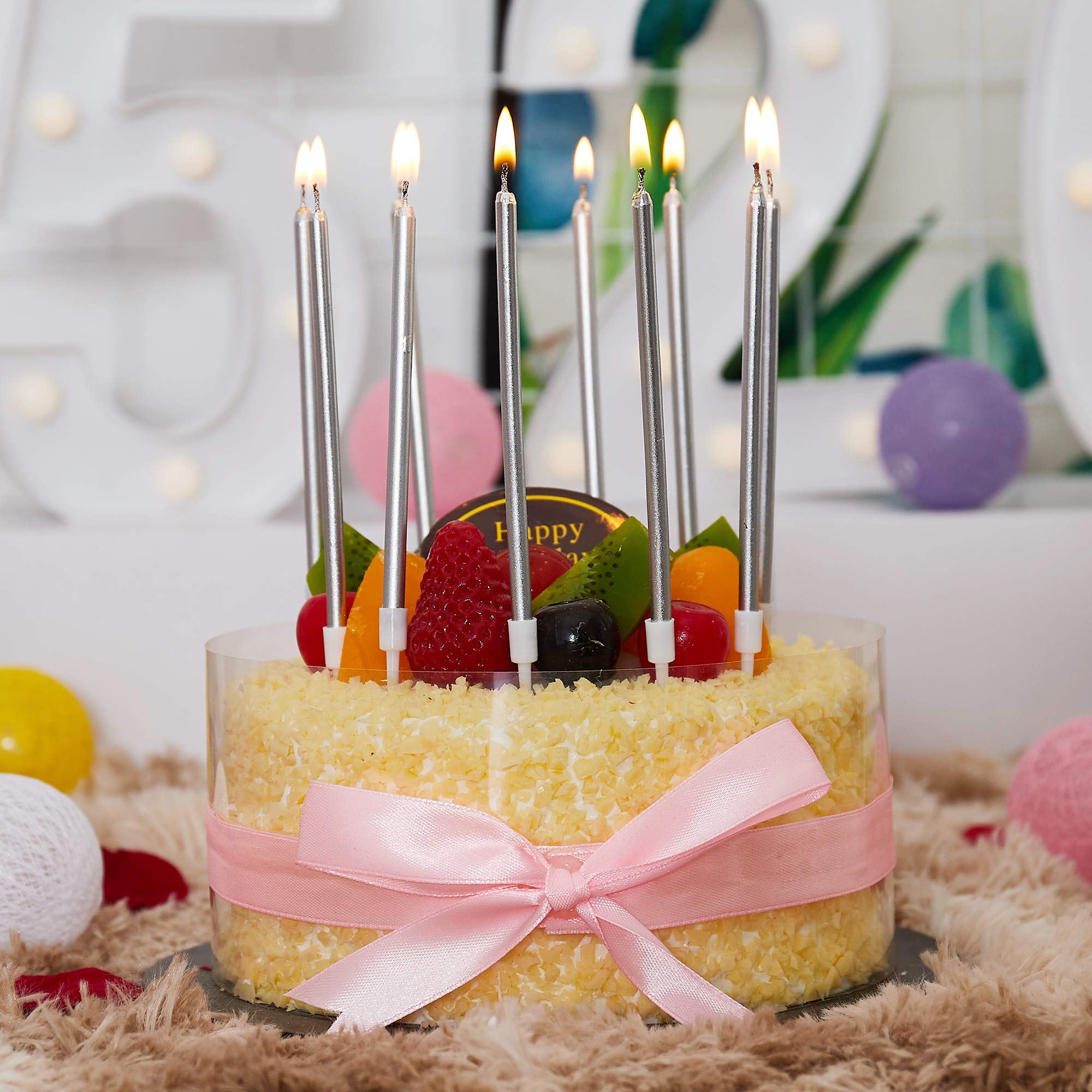 24-Pack Metallic Birthday Candles - Slow Burning Silver Cake Candles with Holders for Wedding, Birthday & Special Occasions - Perfect for Cupcakes, Cakes & Party Decorations