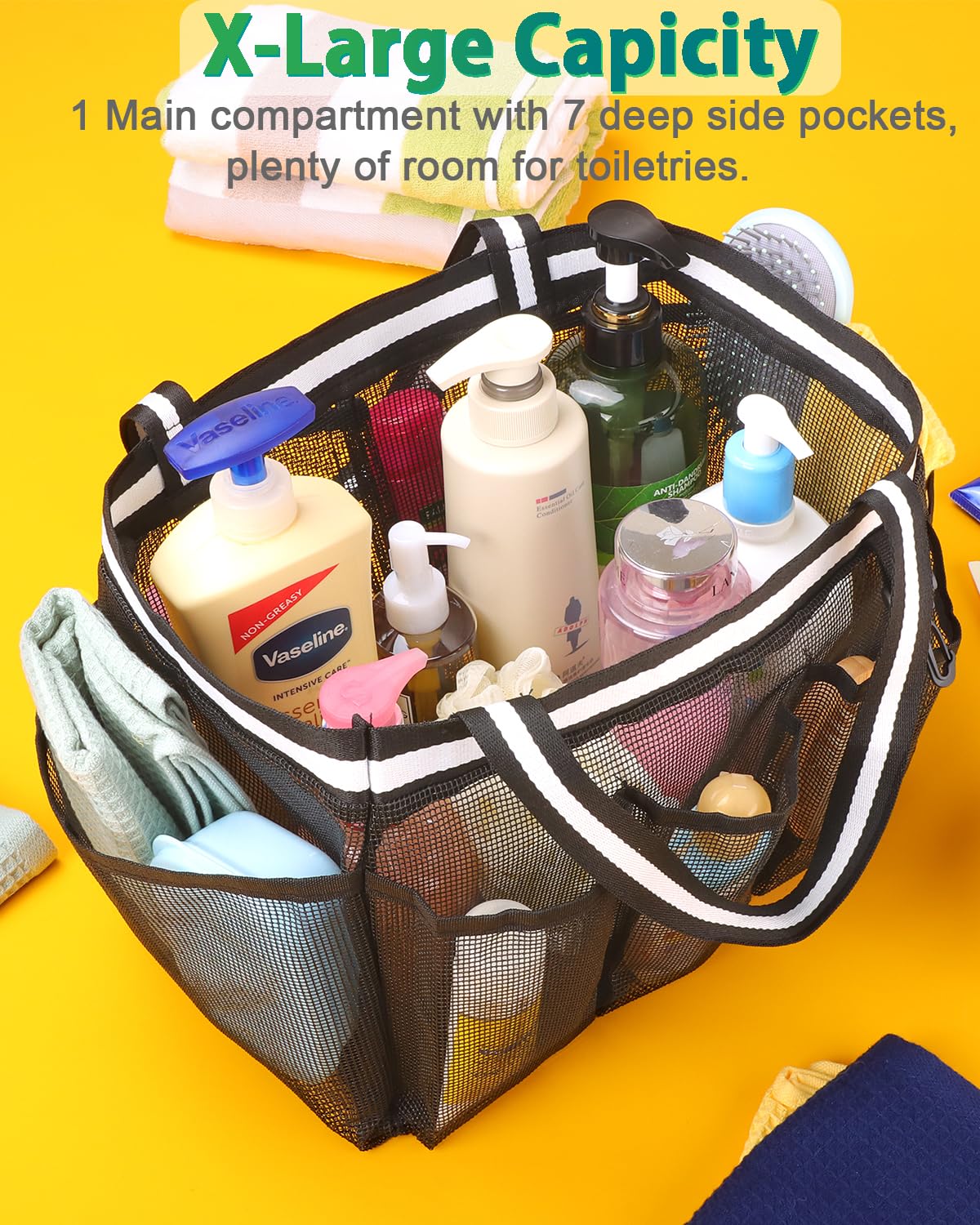 Ocim XL Portable Shower Caddy for College Dorm - Large Mesh Bathroom Tote Bag for Women & Girls - Foldable Quick Dry Shower Organizer - Perfect for Camping, Gym, Pool, Travel - Black - Ideal for Dorm Rooms, Beach Trips & Sports Facilities