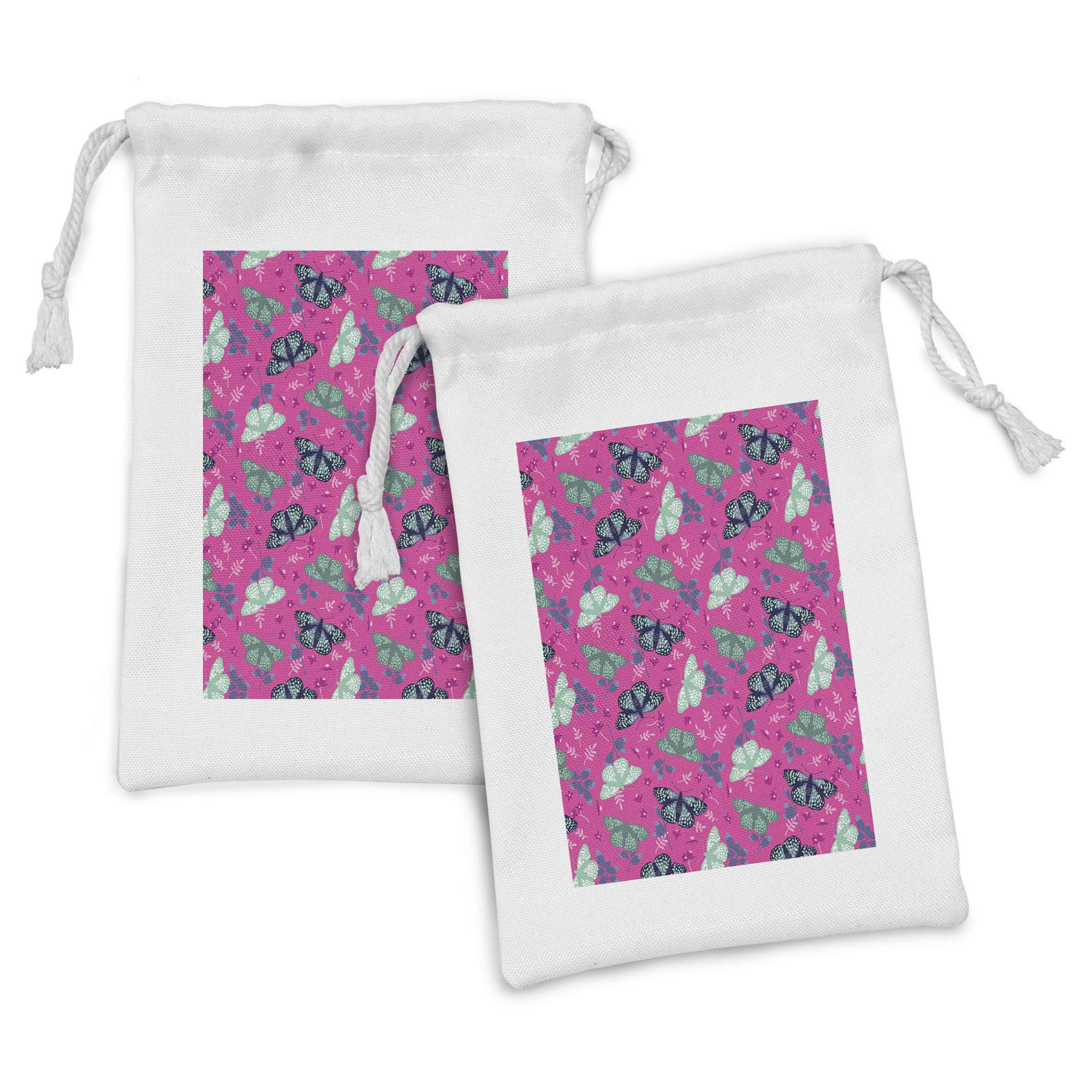 Ambesonne Butterfly Fabric Pouch Set of 2 - Exotic Moths Leaves & Flowers Forest Print Drawstring Bags (9