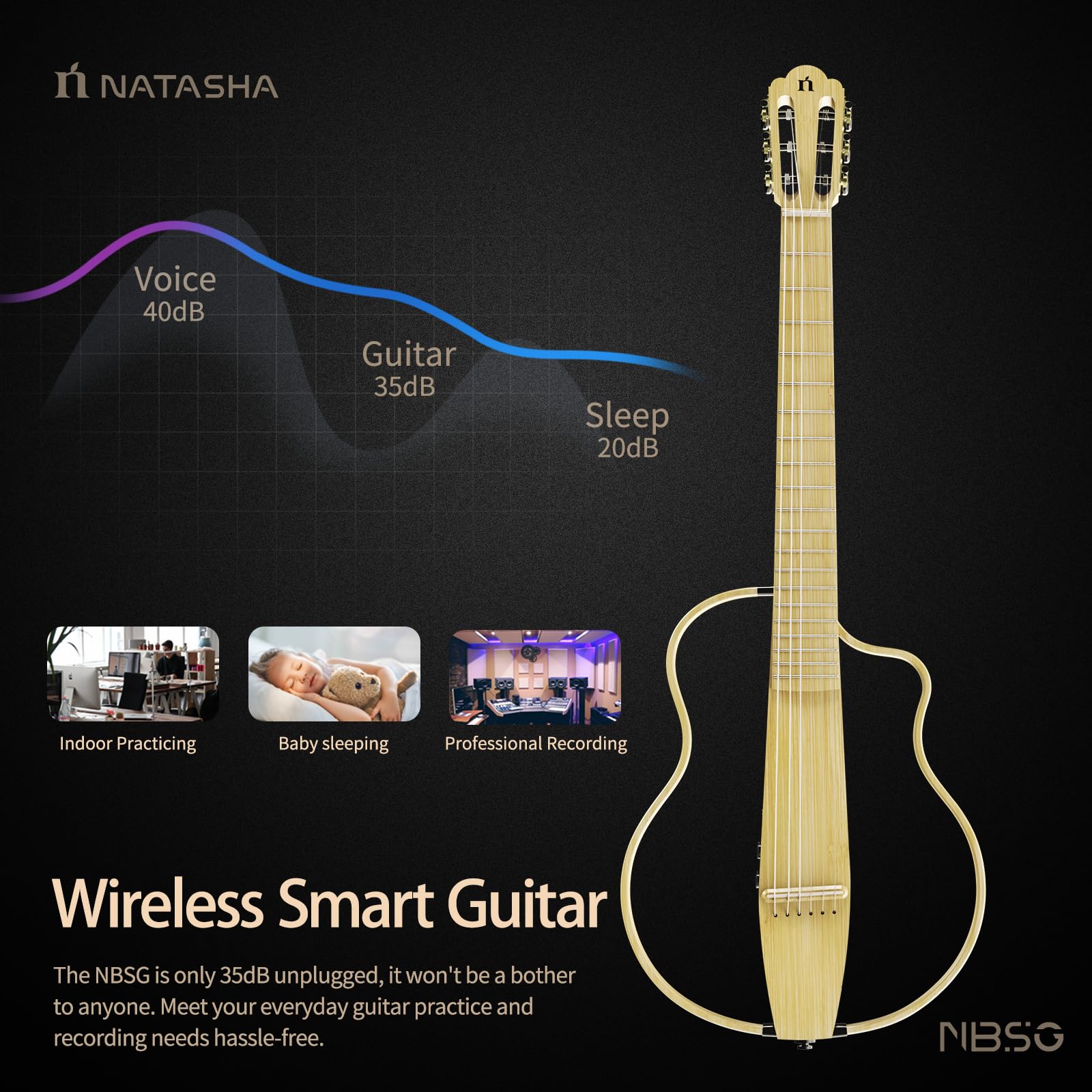 Natasha Bamboo Beginner Smart Guitar - Nylon String Classical Guitar for Kids & Adults with Removable Frames, Wireless Receiver, USB Cable & Gig Bag | Perfect for Home Practice, Music Lessons & Travel