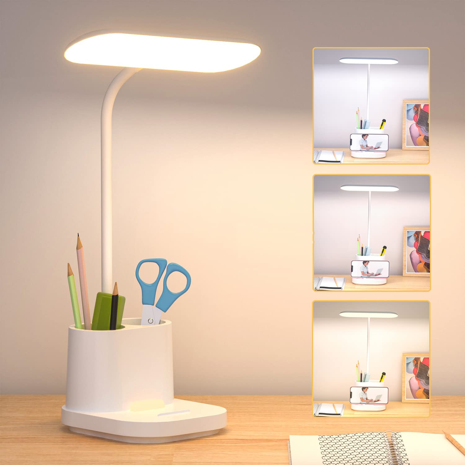 YOUKOYI Rechargeable LED Desk Lamp with Touch Control - Stepless Dimming, 3 Color Modes, Pen Holder & Night Light - Adjustable Gooseneck Study Lamp for Home Office, Reading, Dorm Room, and Bedside Use