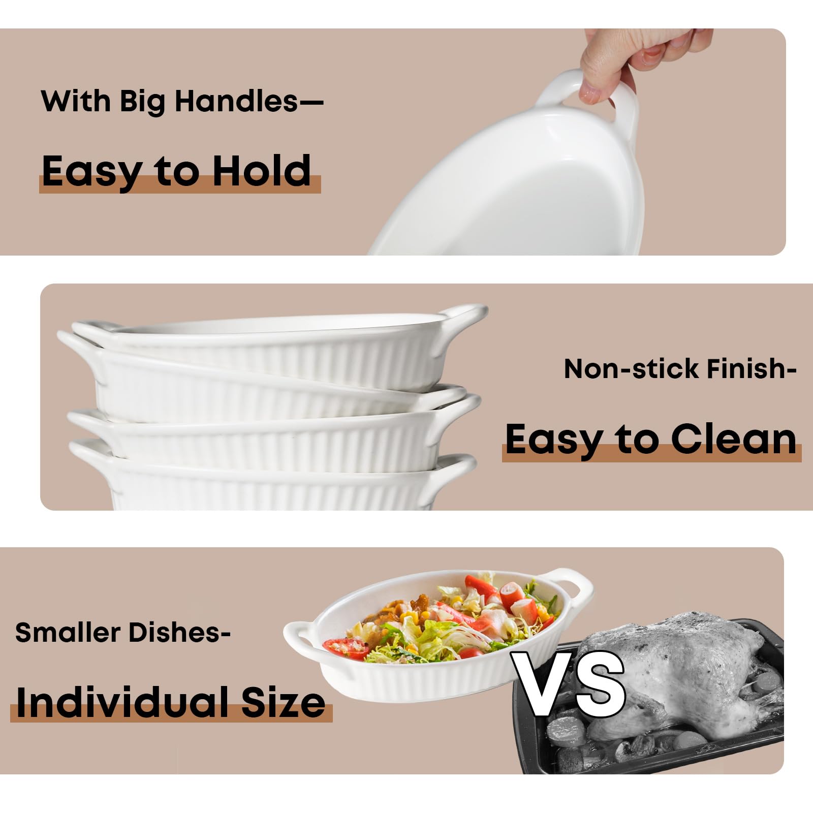 Frewinky 9-inch Ceramic Baking Dish Set with Handles - Heat Resistant Oven Safe Porcelain Casserole Dishes for Gratin, Roasting, Lasagna & Desserts - 6-Piece White Oval Bakeware Set for Home Cooking & Entertaining