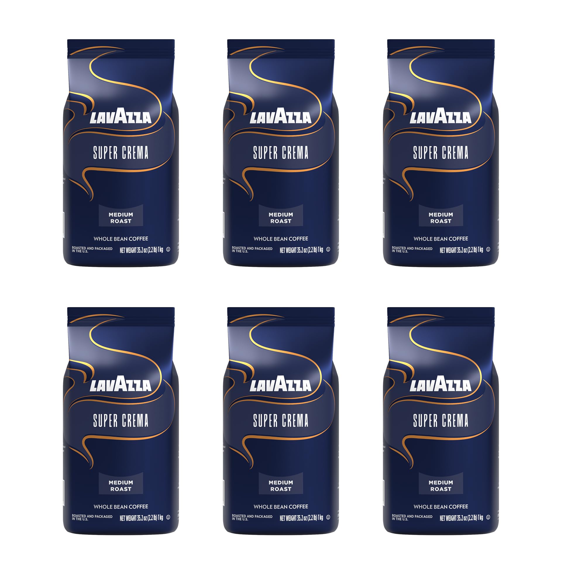 Lavazza Super Crema Whole Bean Coffee - Medium Espresso Roast, Arabica & Robusta Blend, 2.2 lb (1 kg) Bag - Pack of 6 - Perfect for Home Brewing, Espresso Machines & Office Coffee Stations