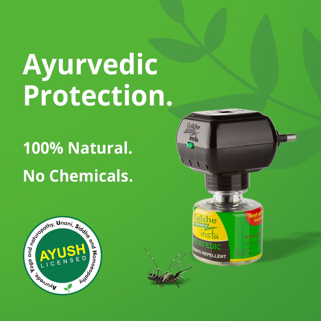Catche Insta Mosquito Vaporizer - Natural Ayurvedic Mosquito Repellent Machine with 2 Refills (45ml Each) | Indoor & Outdoor Insect Protection for Home, Patio, Camping