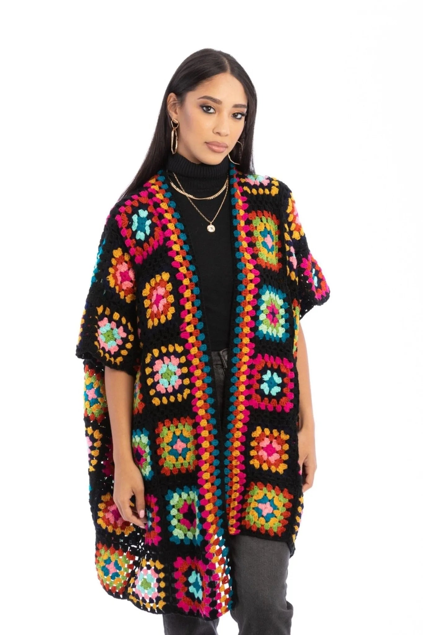 Crochet Square Short Kimono Cardigan - Lightweight Summer Cover Up for Women, Beach Boho Fashion, Perfect for Vacation, Poolside, and Outdoor Events