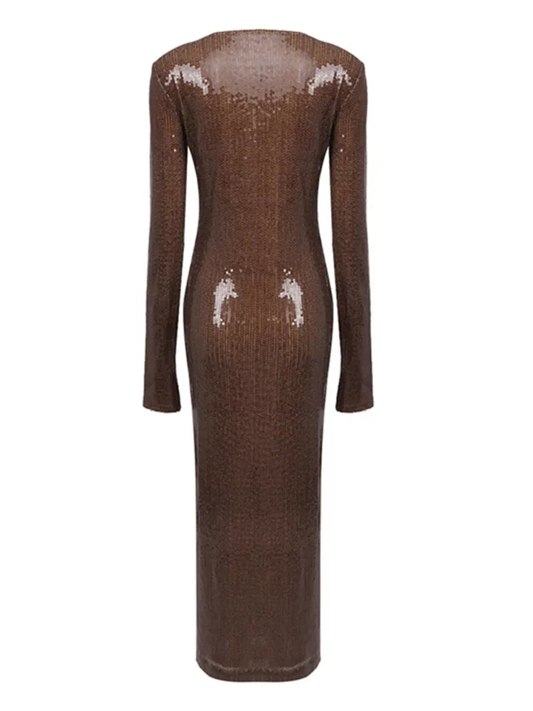 Elegant Long Sleeve Sequin Mesh Evening Gown for Women - Sexy Brown Party Dress for Celebrity Style, Club Wear & Formal Events