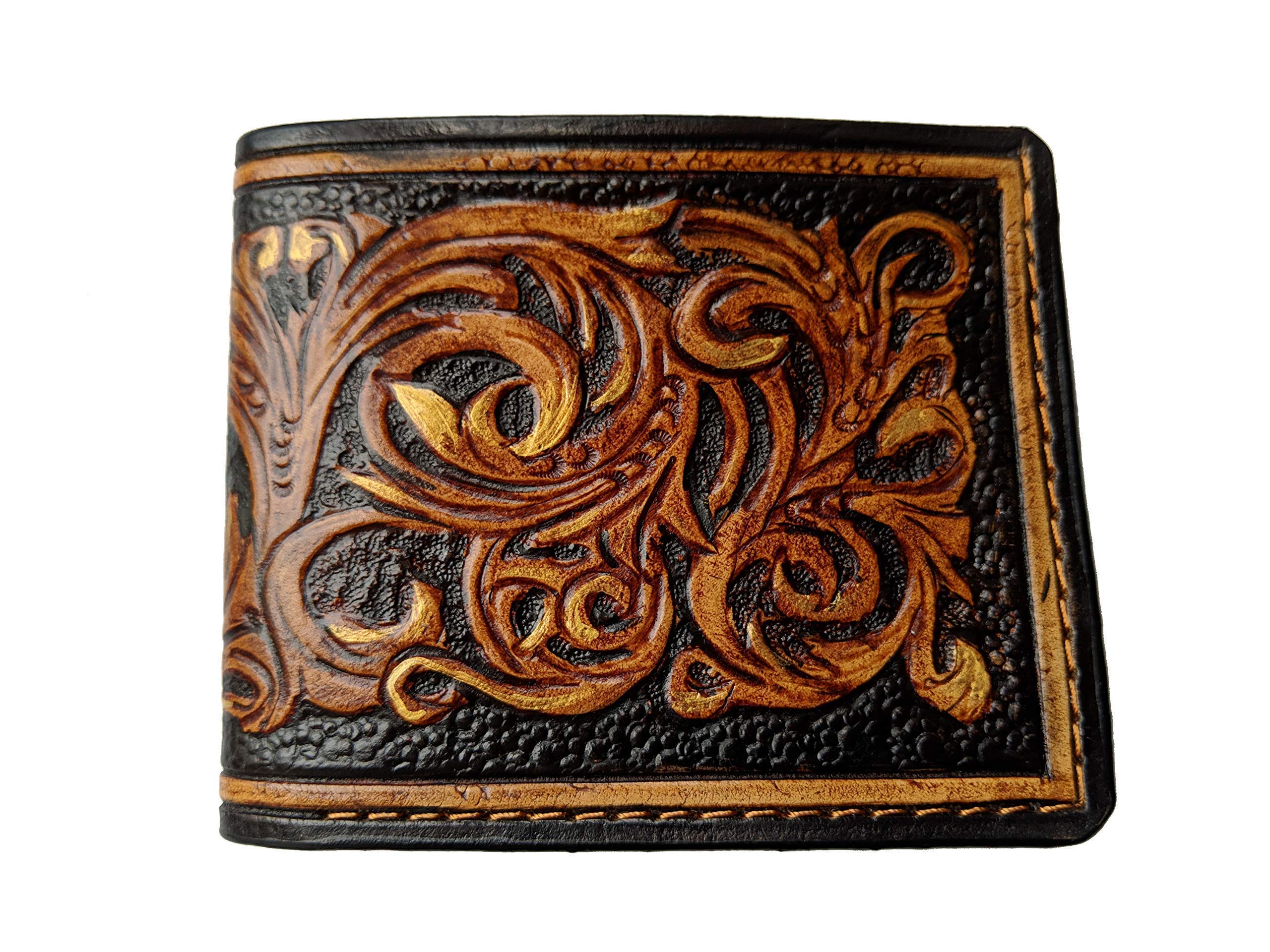 Handmade 3D Genuine Leather Wallet for Men - Custom Engraved & Hand-Painted Floral Design - Personalized Gift for Dad, Husband, Boyfriend - Perfect for Everyday Use, Travel & Special Occasions
