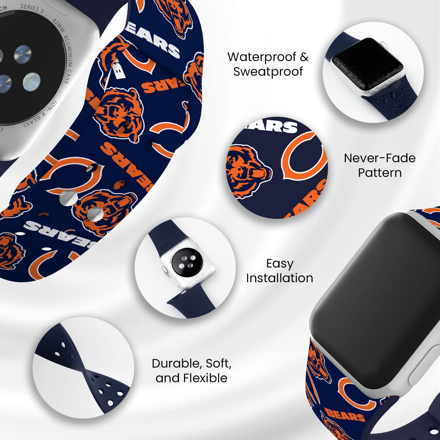 Chicago Bears HD Watch Band for Apple Watch - Durable Silicone Sports Strap, Compatible with All Apple Watch Series (38mm/40mm/41mm/42mm/44mm/45mm/49mm) - Perfect for Game Day, Workouts & Casual Wear