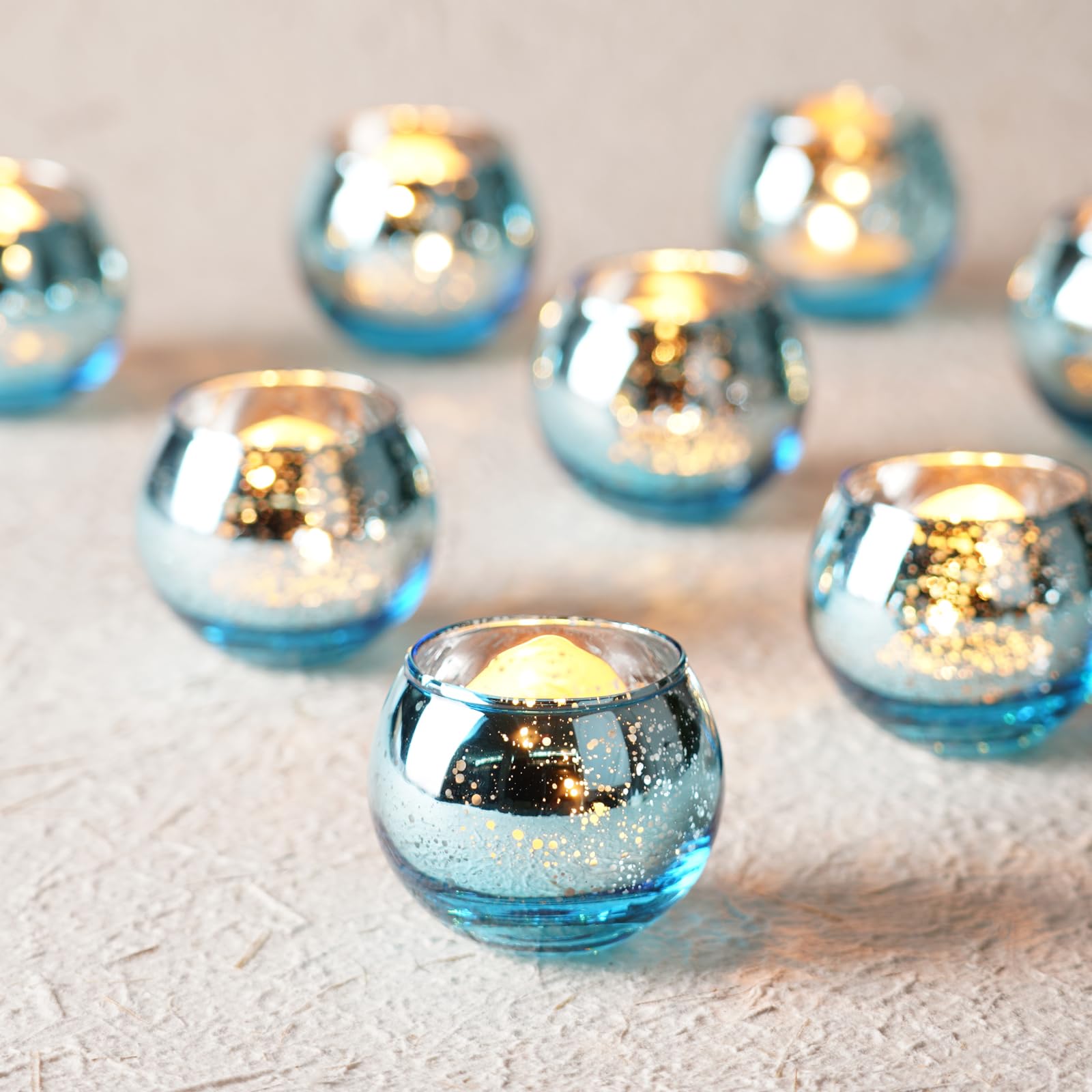 Homemory 12-Piece Blue Votive Candle Holders Set - Round Mercury Glass Tealight Holders for Table Centerpieces, Weddings, Baby Showers & Home Decor | Perfect for Halloween, Christmas & Anniversary Celebrations | Elegant Candle Display for Dining Tables, Mantels & Party Decorations