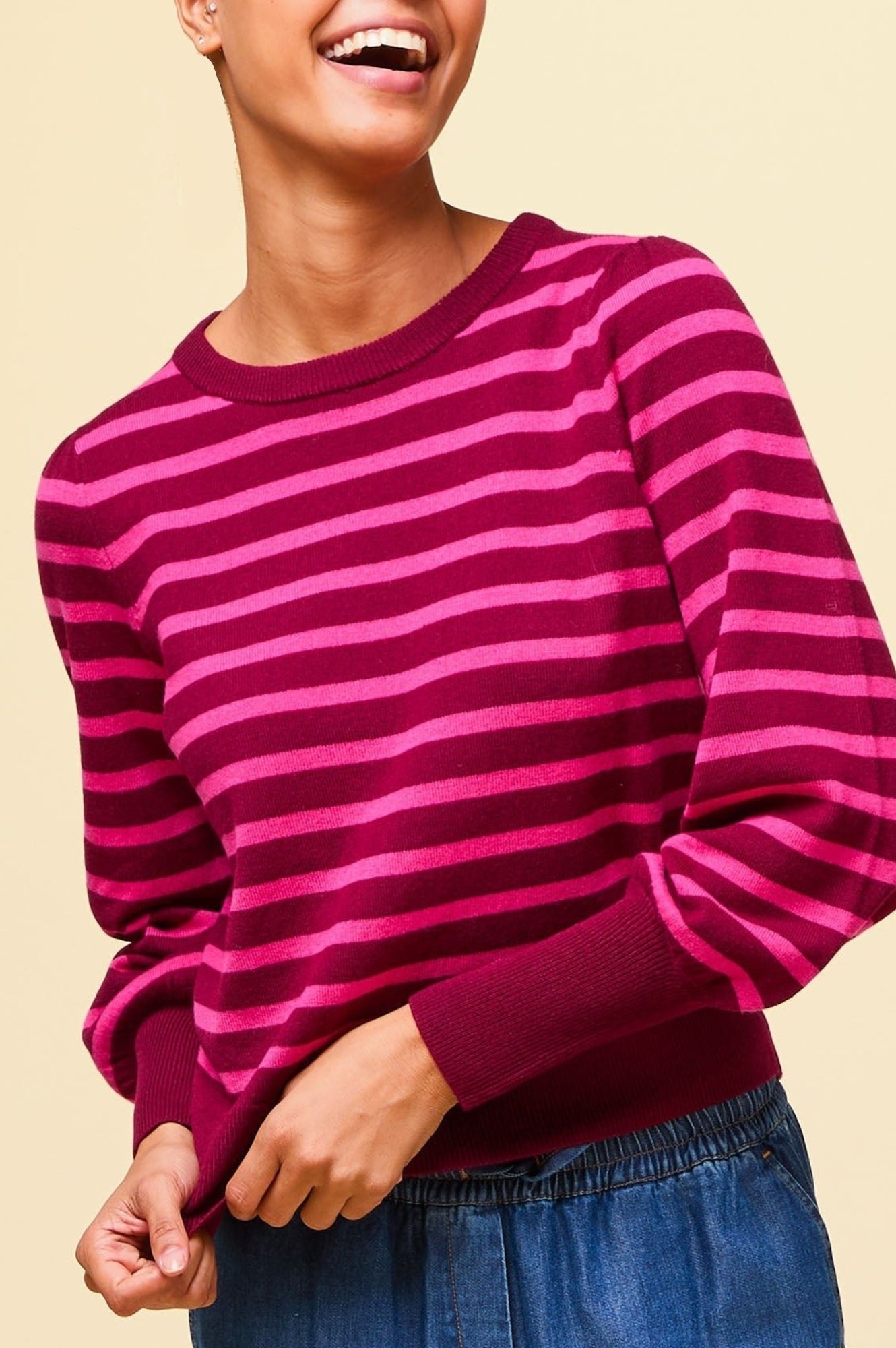 Premium Merino Wool Striped Crew Neck Sweater for Women - Wine & Pink Colors | Cozy Winter Wear, Casual Outfits, Office Attire