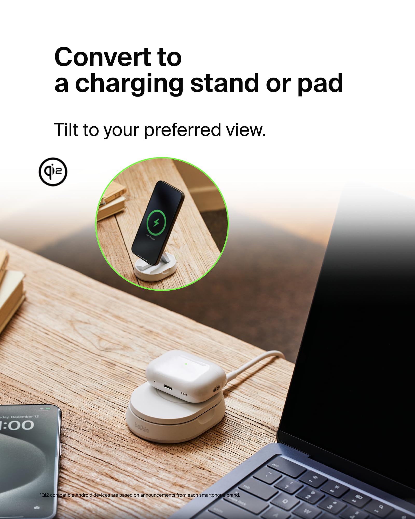Belkin 15W MagSafe-Compatible Fast Qi2 Charging Stand - Magnetic Wireless Charger for iPhone 16/16 Plus/16 Pro/16 Pro Max, iPhone 15/14 Series, AirPods Pro & Qi-Enabled Devices (White) | Perfect for Bedside, Office & Travel Charging