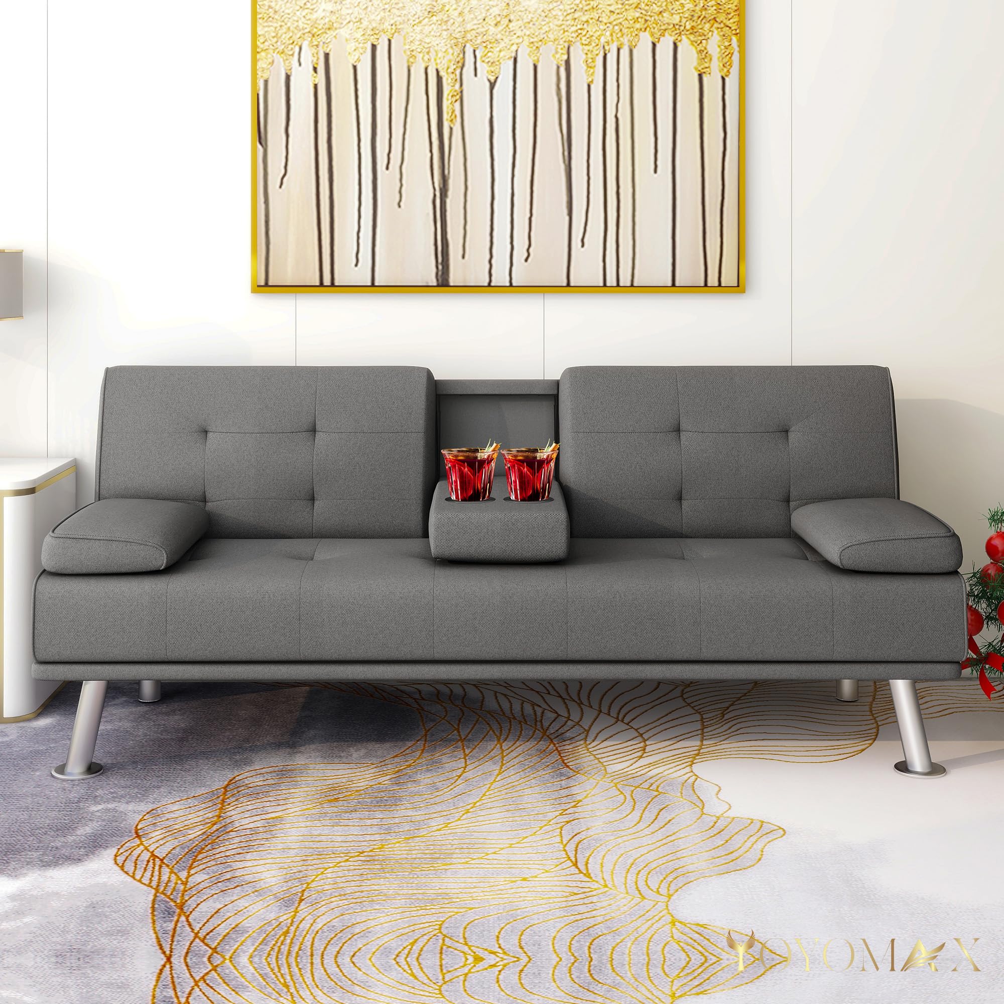 Yoyomax Convertible Linen Fabric Sofa Bed - Foldable Futon Couch for Small Spaces, Dorm Rooms, RVs & Home Offices (Grey) | Perfect for Guest Beds, Studio Apartments & Multi-Functional Living Spaces