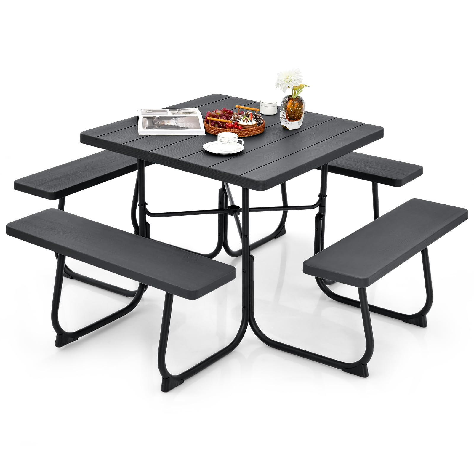 Tangkula 8-Person Outdoor Square Picnic Table with 4 Built-in Benches - Heavy Duty Metal Frame & HDPE Tabletop - Umbrella Hole - Perfect for Garden, Backyard, Patio, Park, Camping & BBQ Parties (Black)