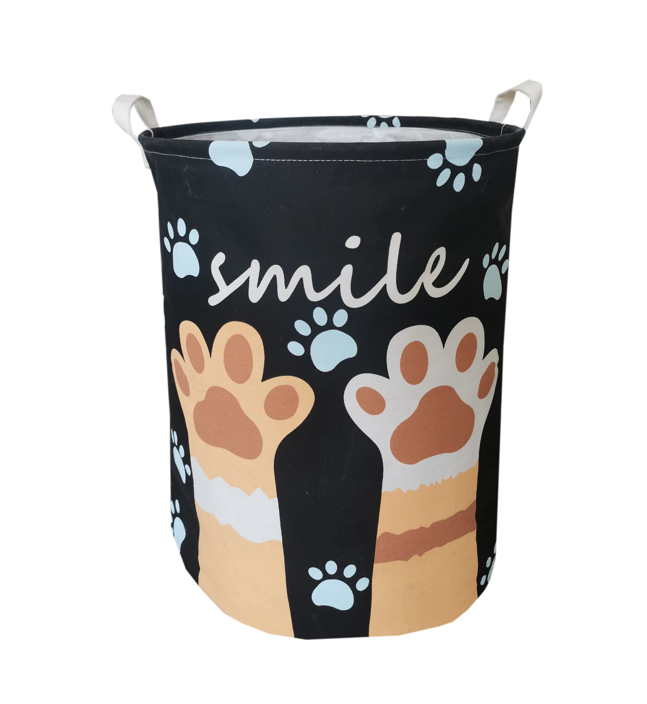 LEELI Collapsible Laundry Hamper with Handles - Waterproof Canvas Storage Basket for Clothes, Toys & Baby Essentials - 19.7×15.7 Inch Black Paw Print - Perfect for Nursery, Bedroom & Home Organization