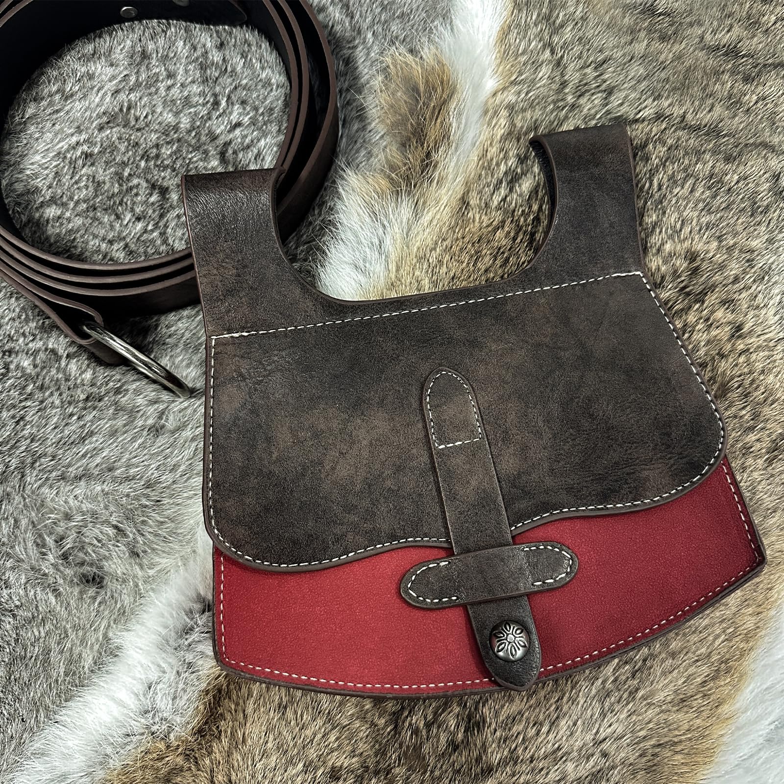 Medieval Faux Leather Belt Bag with O Ring - Vintage Knight Style Renaissance Pouch Set (Brown) | Perfect for LARP, Cosplay, Renaissance Fairs & Historical Reenactments