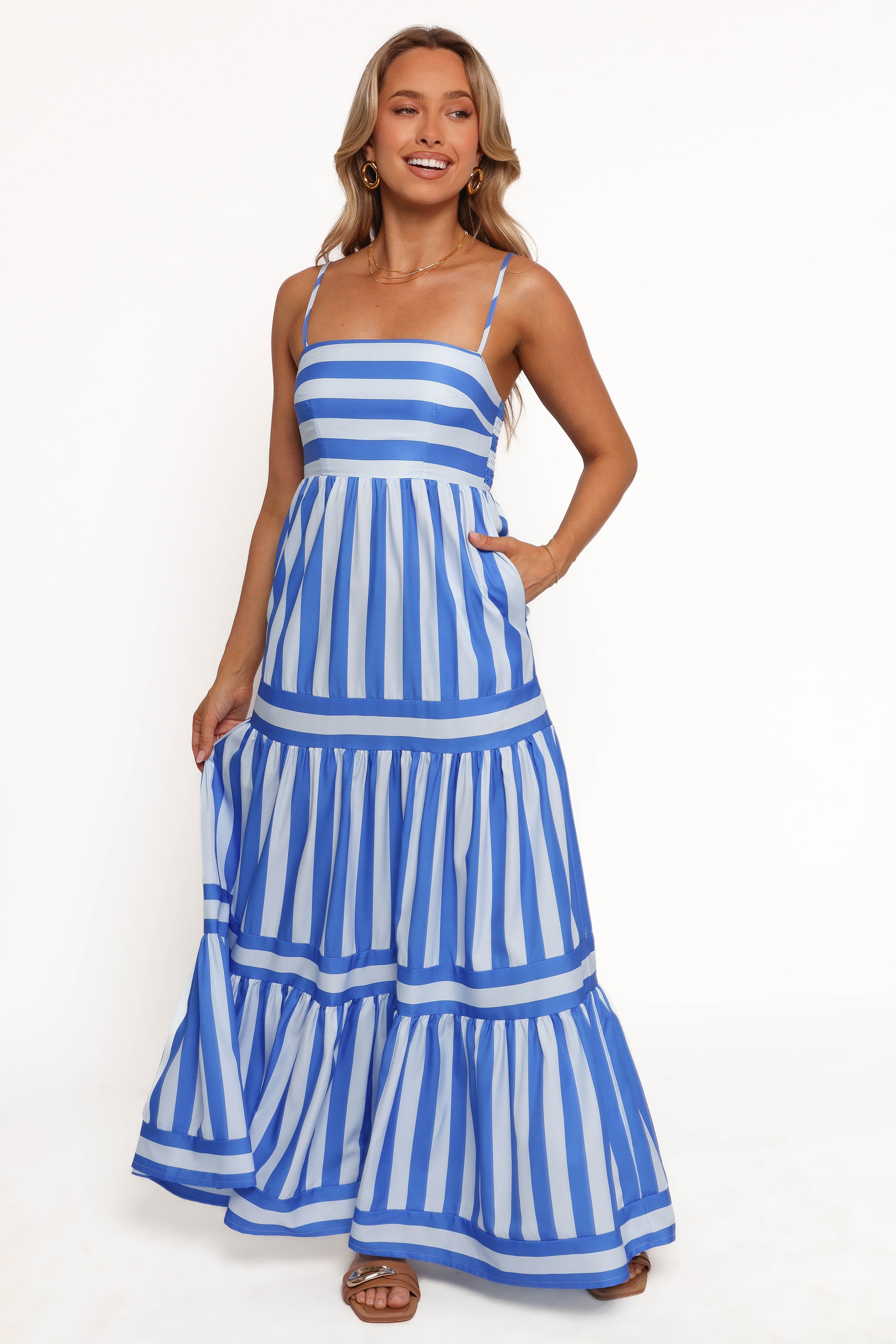 Emry Maxi Dress for Women - Blue Stripe Flowy Summer Beach Dress, Casual Boho Long Dress for Vacation, Party, and Outdoor Events