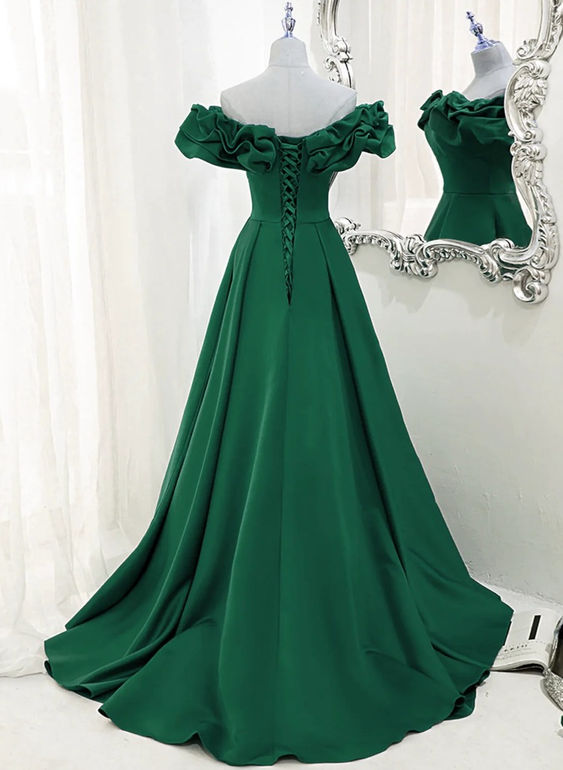Elegant Green Off-The-Shoulder A-Line Ball Gown Party Dress J4423 | Formal Evening Gown for Prom, Wedding, Quinceañera & Special Occasions