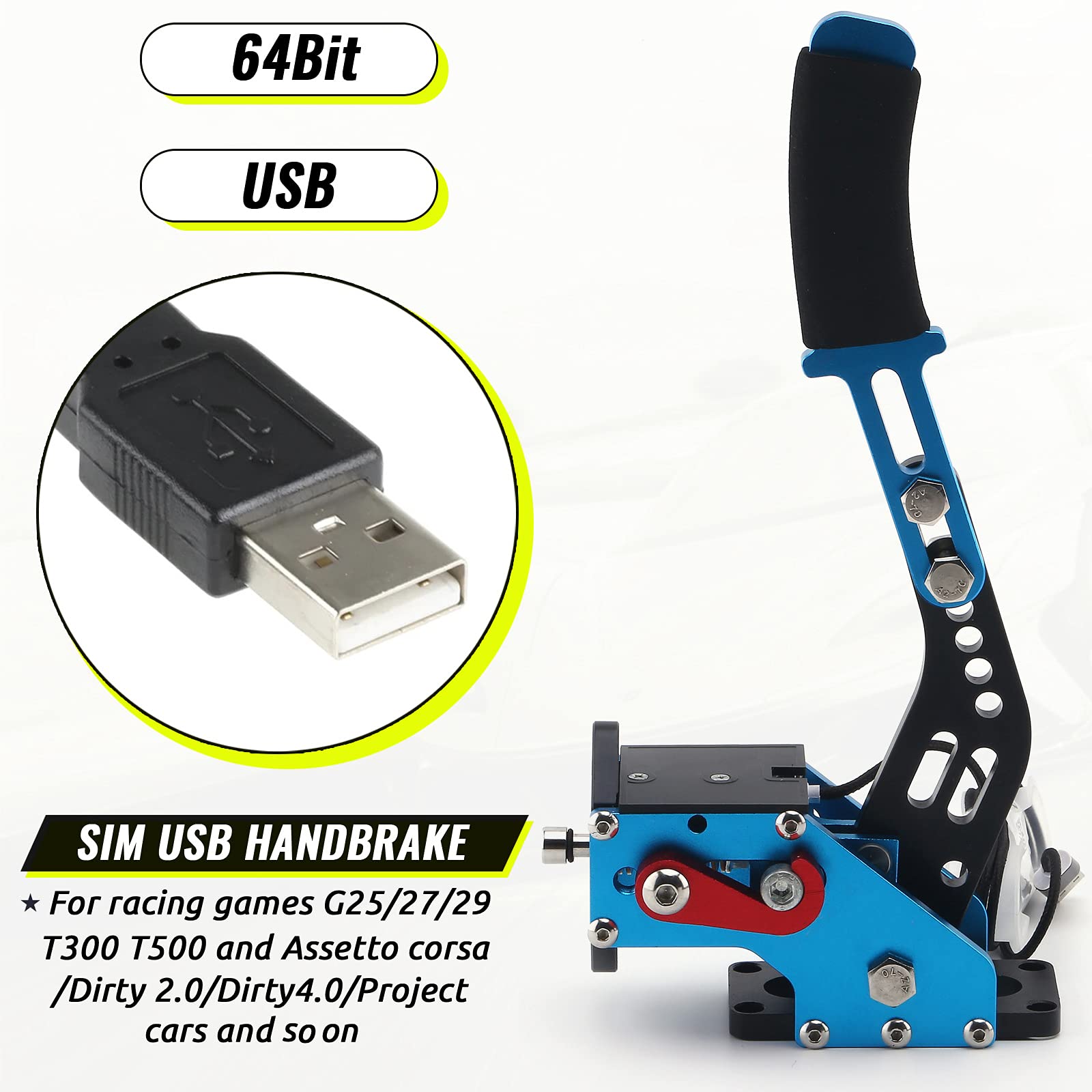 Muge Racing USB Handbrake 64-bit for PC - Compatible with Logitech G27 G25 G29, Thrustmaster T500 T300, Fanatec - Perfect for SIM Racing Games Like Dirt Rally 2.0, LFS - Blue - Ideal for Drifting, Rally & Racing Simulation Setup