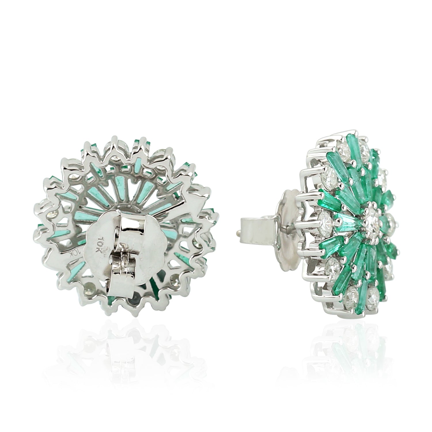 Exquisite Baguette Cut Emerald & Diamond Stud Earrings in 14K White Gold – Elegant Jewelry for Women, Perfect for Weddings, Parties & Special Occasions