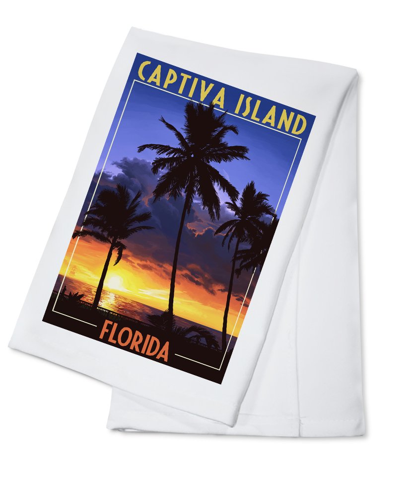 Captiva Island Florida Cotton Tea Towel - 100% Soft Absorbent Kitchen Hand Towel with Tropical Palms Sunset Design - Perfect for Dish Drying, Home Decor & Beach House Gifts