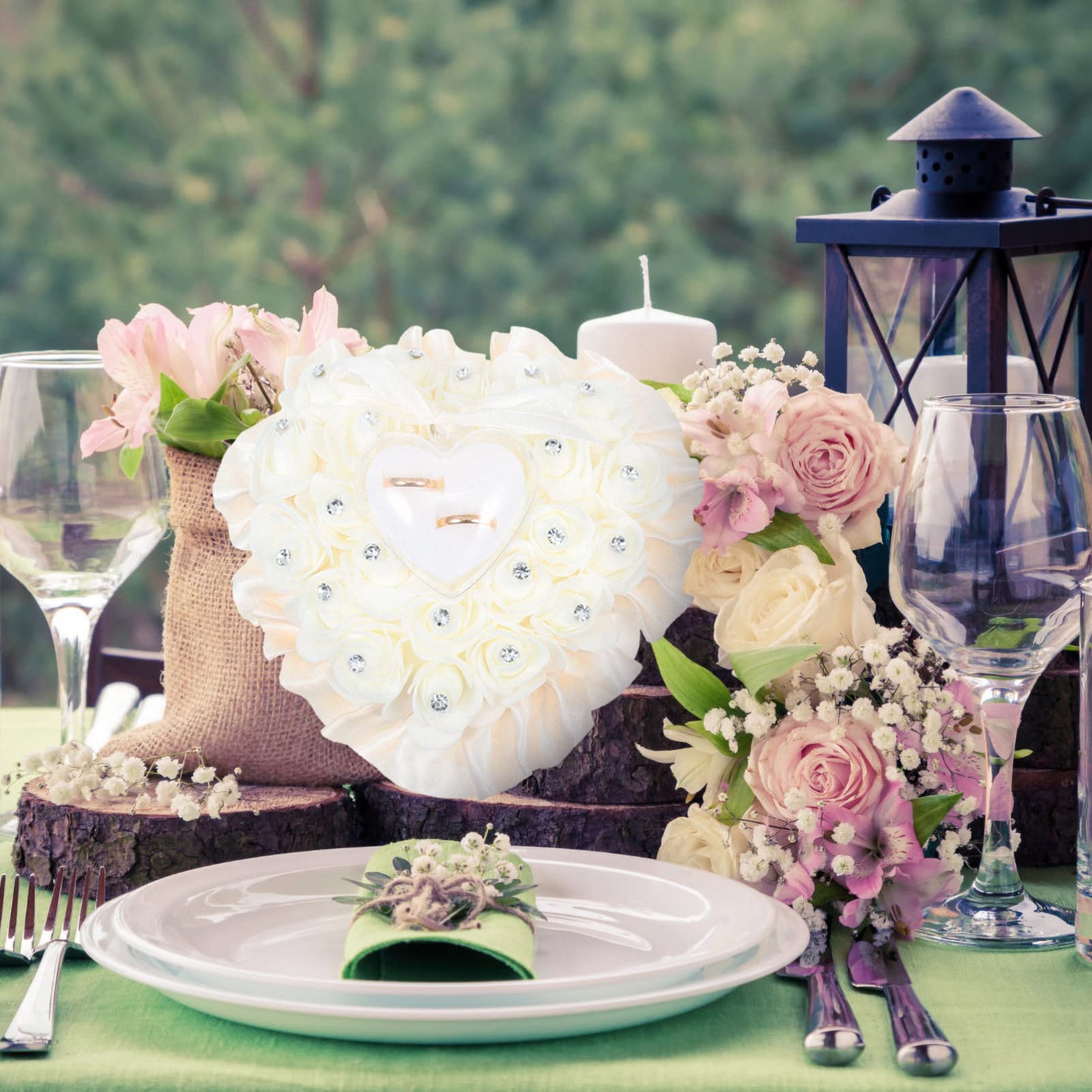 Elegant Rose Ring Pillow with Lace & Crystal - Heart-Shaped Wedding Ring Box Cushion for Ring Bearer - Perfect for Wedding Ceremony, Proposal & Bridal Jewelry Gift - Beige Romantic Wedding Accessory